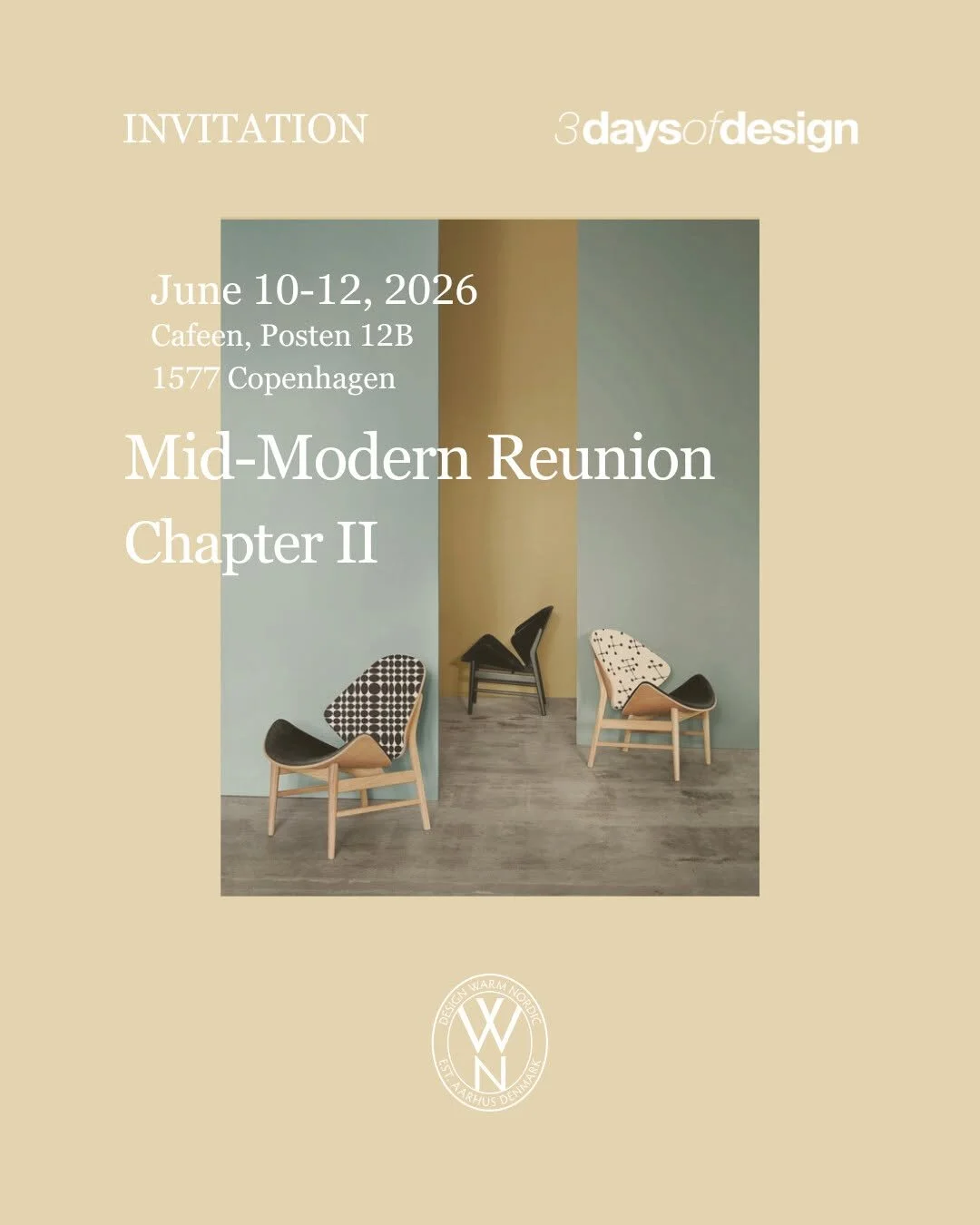 We can't wait to see you during @3daysofdesign. Chapter II is here. Join @warmnordic  June 10-12 at Cafeen, Posten 12B, 1577 Copenhagen.
This year we continue The Mid-Modern Reunion together with @maharamstudio. Hans Olsen's Fried Egg Chair and Orang