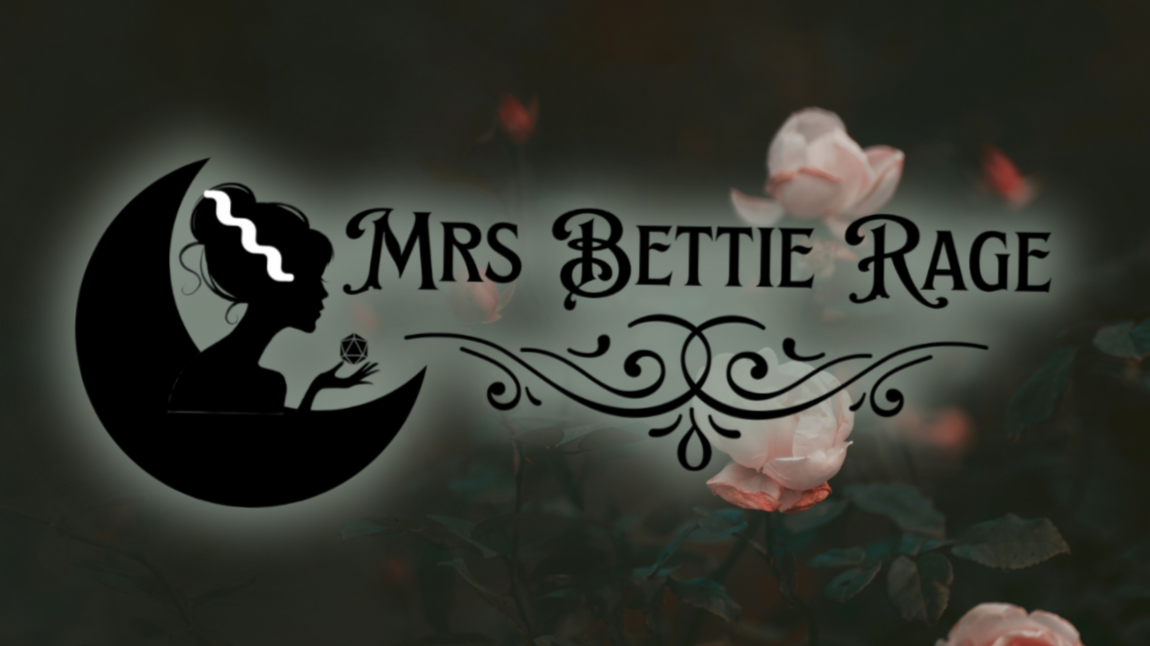 A graphic featuring a silhouette of a woman with curly hair holding a crystal, sitting on a crescent moon, with floral decorative swirls and the text 'Mrs. Bettie Rage' against a background with light pink roses and dark foliage.