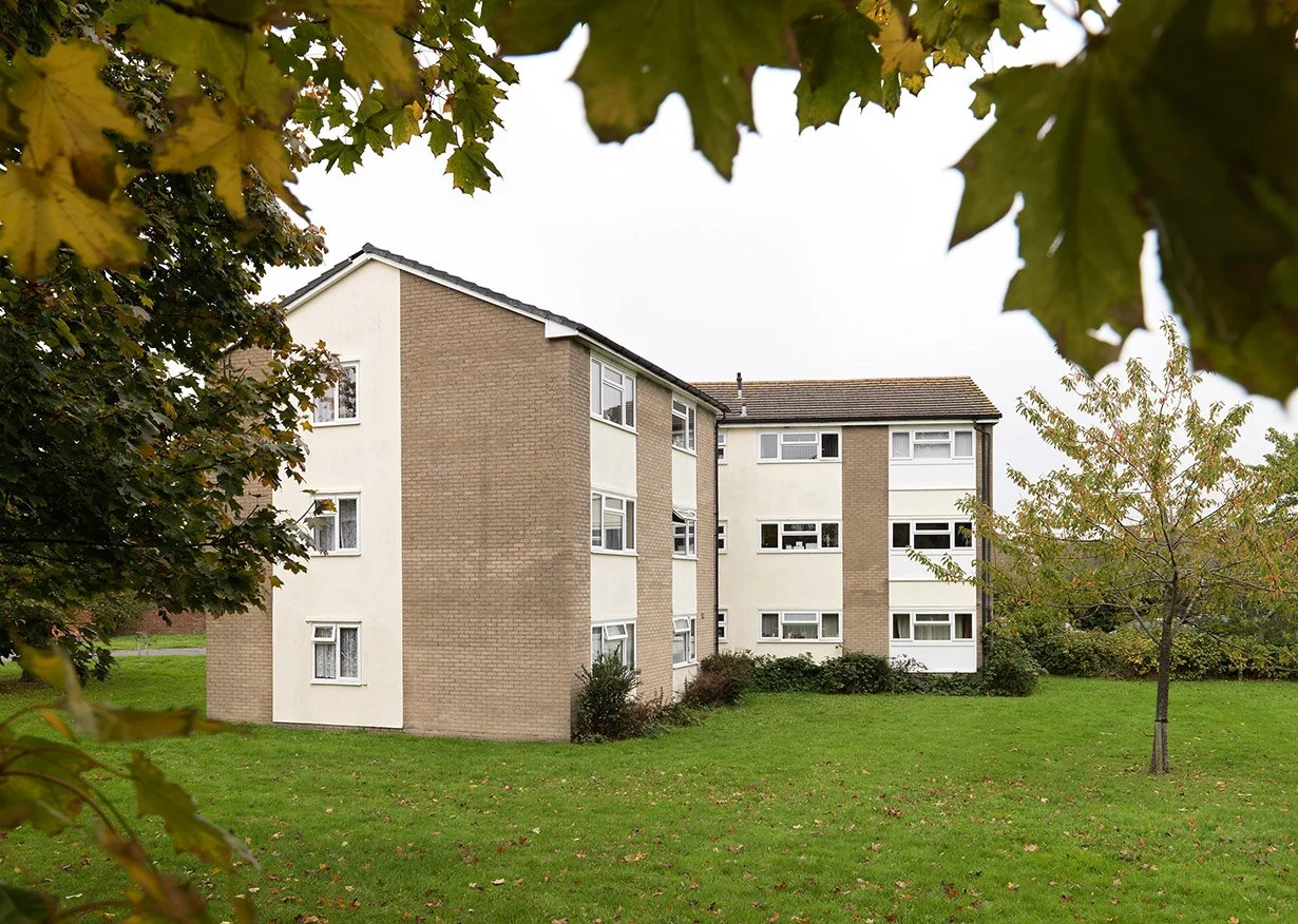 A multi-story apartment building with a beige brick exterior and white window frames, surrounded by a green lawn and trees, seen from a grassy area with tree leaves framing the top of the image.