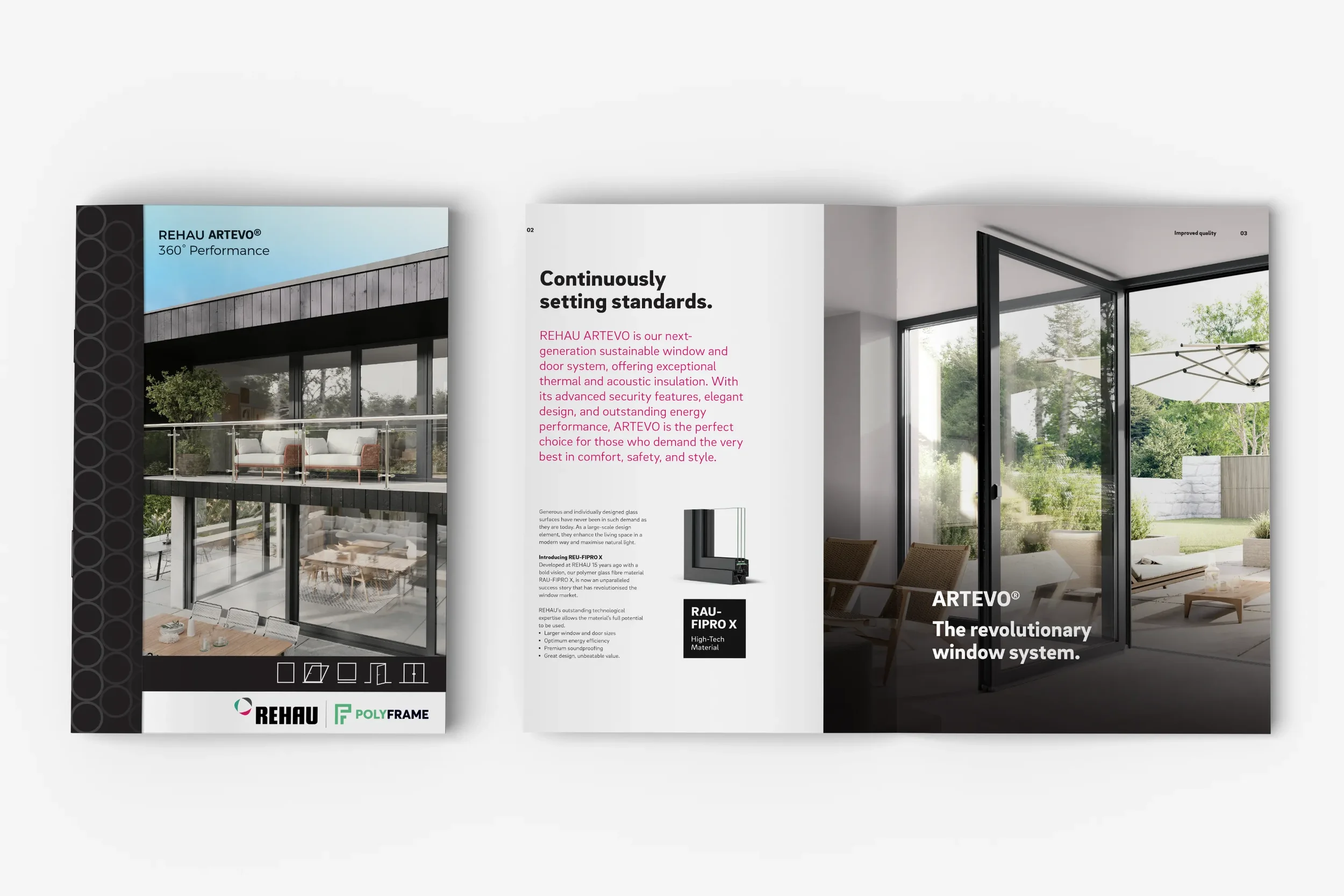 A brochure featuring REHAU ARTEVO, a modern window and door system, shows images of glass doors and windows in contemporary homes with outdoor seating areas.
