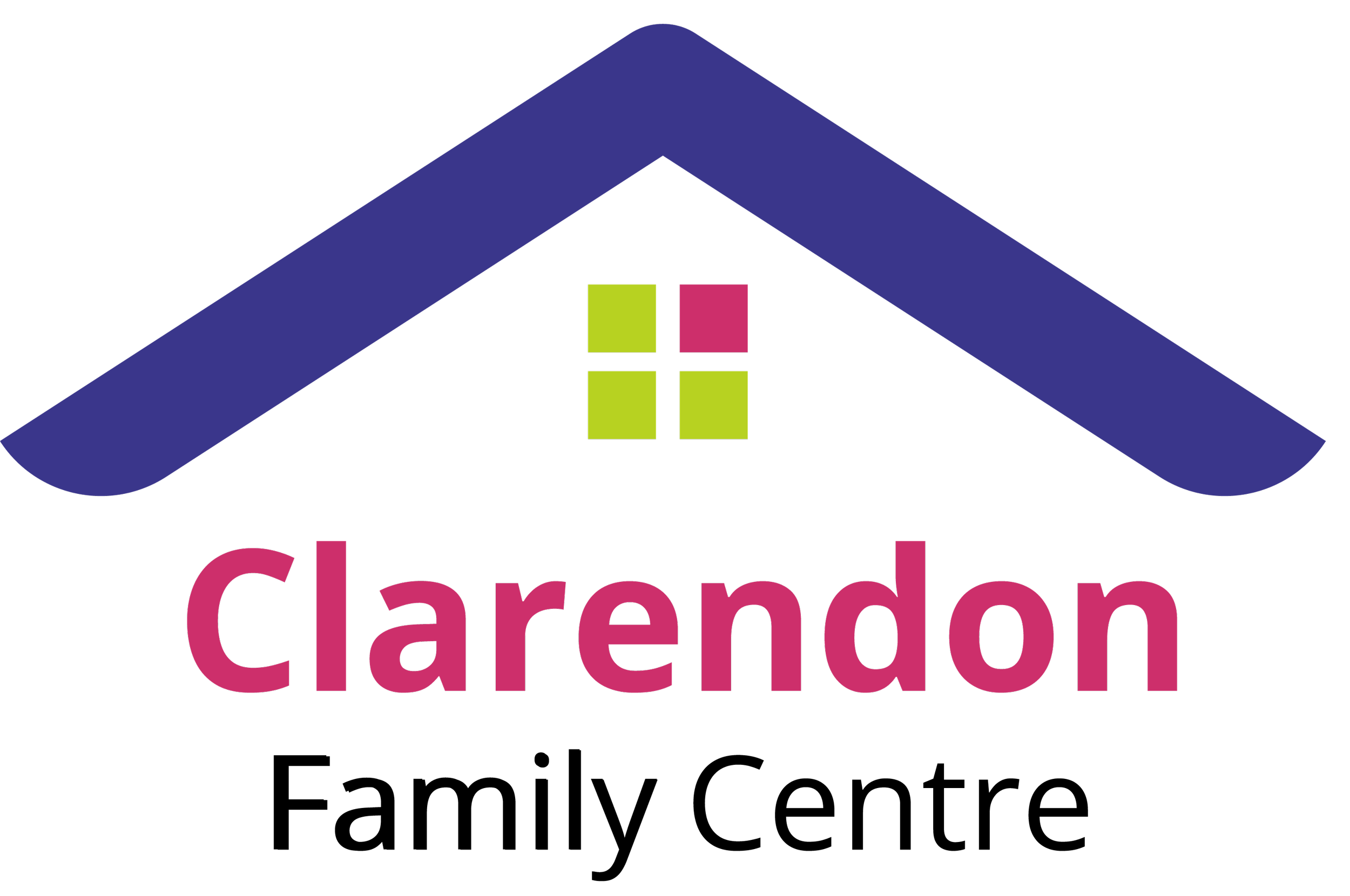 A logo with a stylized blue roof, four small squares in green and pink arranged across two rows, and the word 'Clarendon' in pink text underneath.