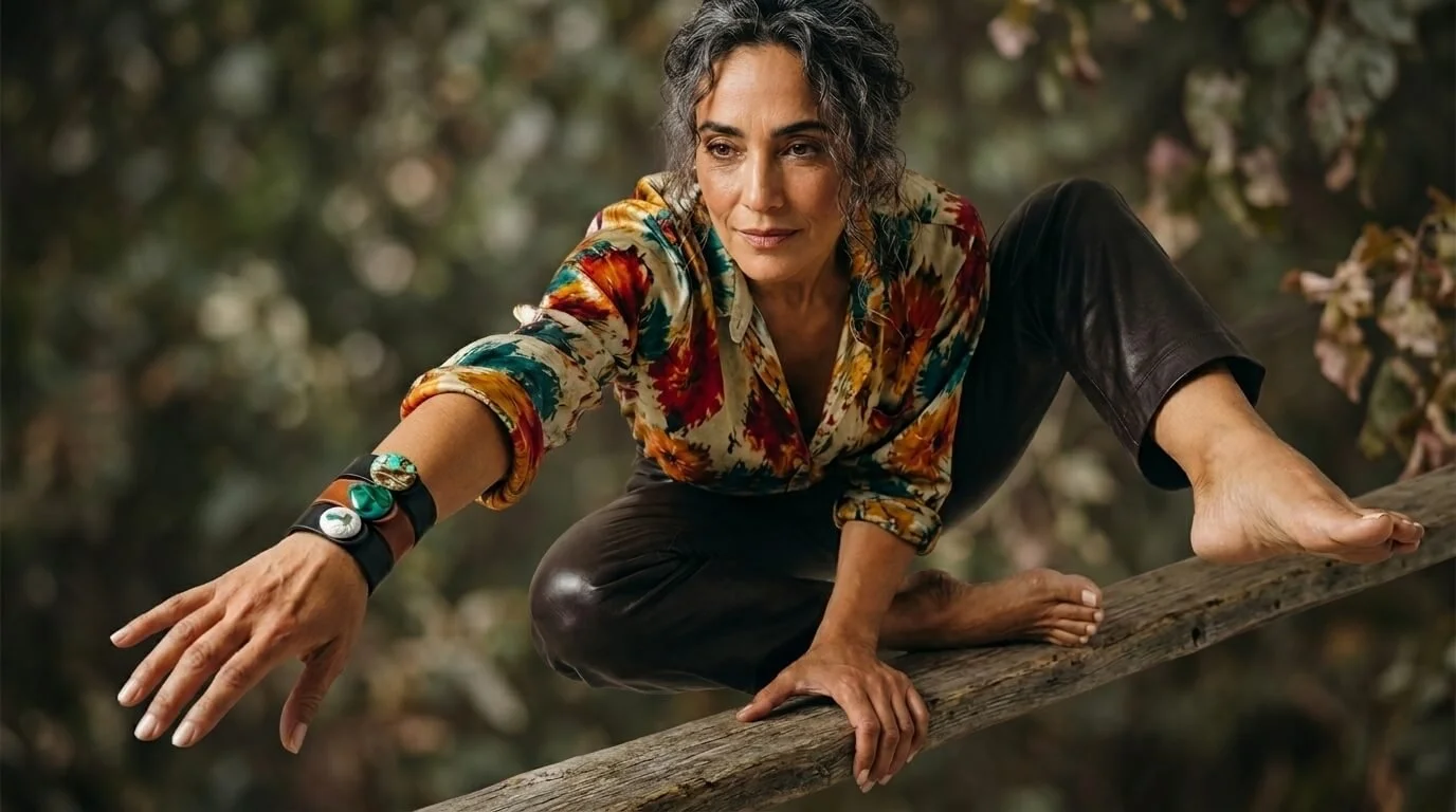 A woman with curly gray hair, wearing a colorful floral blouse and black pants, balances on a wooden log in a natural outdoor setting with blurred foliage in the background.