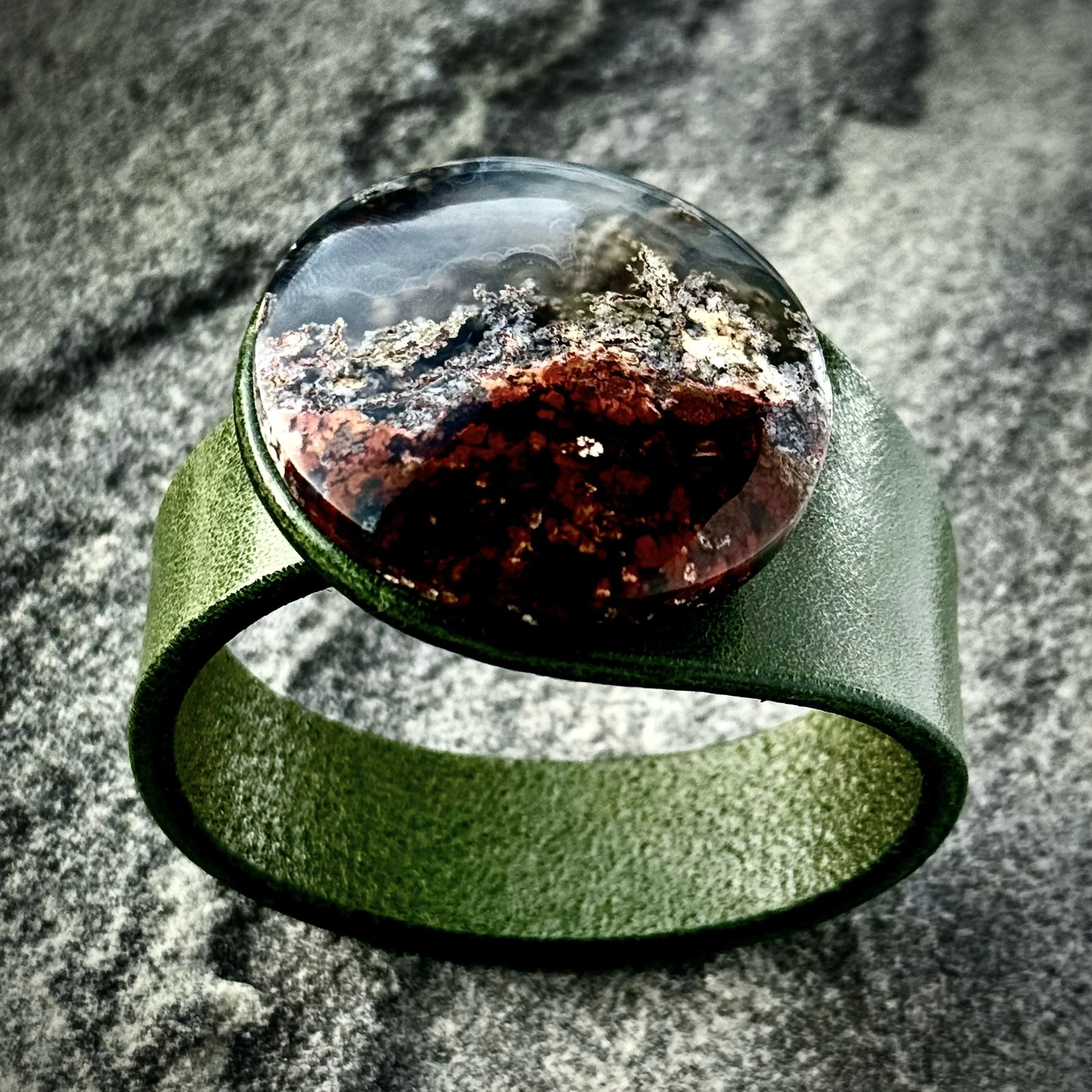 A Natural Scenic Moss Agate Gemstone & Leather Bracelet
