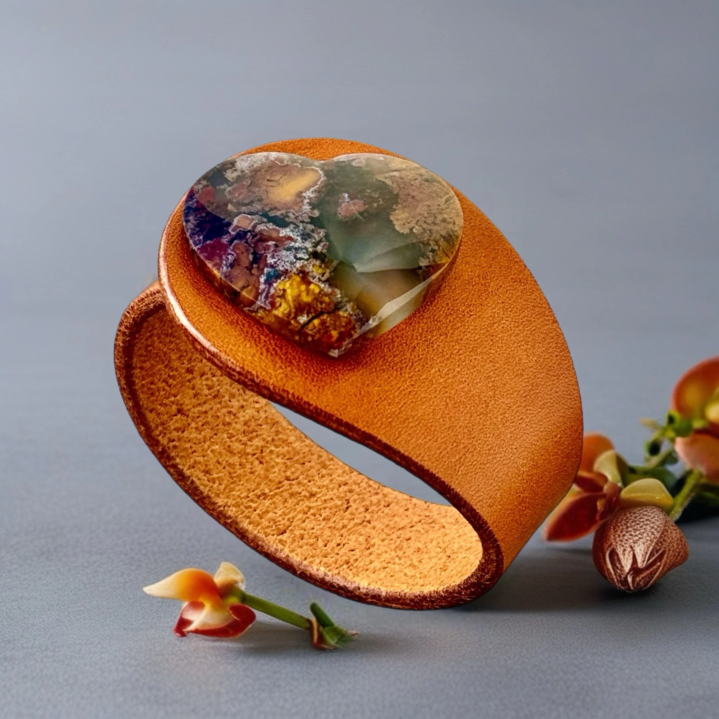 Natural Moss Agate Heart Gemstone Leather Bracelet-.JPEG