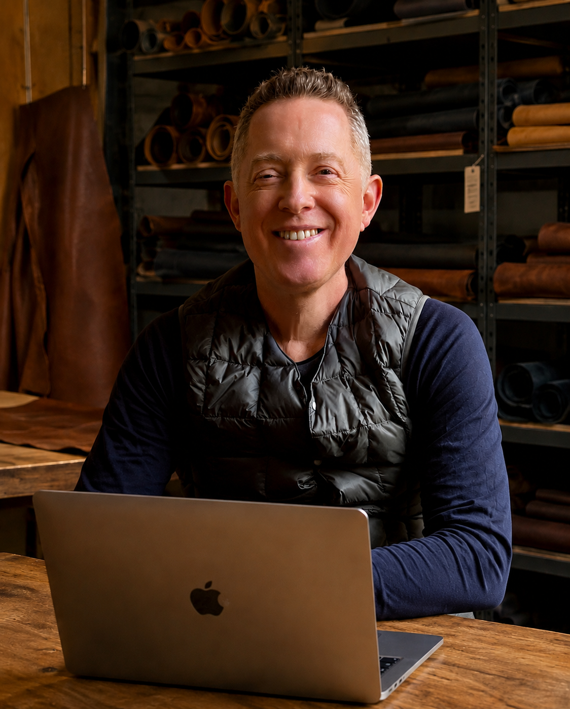 A smiling man with shorthair sitting at a wooden table in a workshop, using a silver Apple MacBook with shelves of leather rolls in the background.