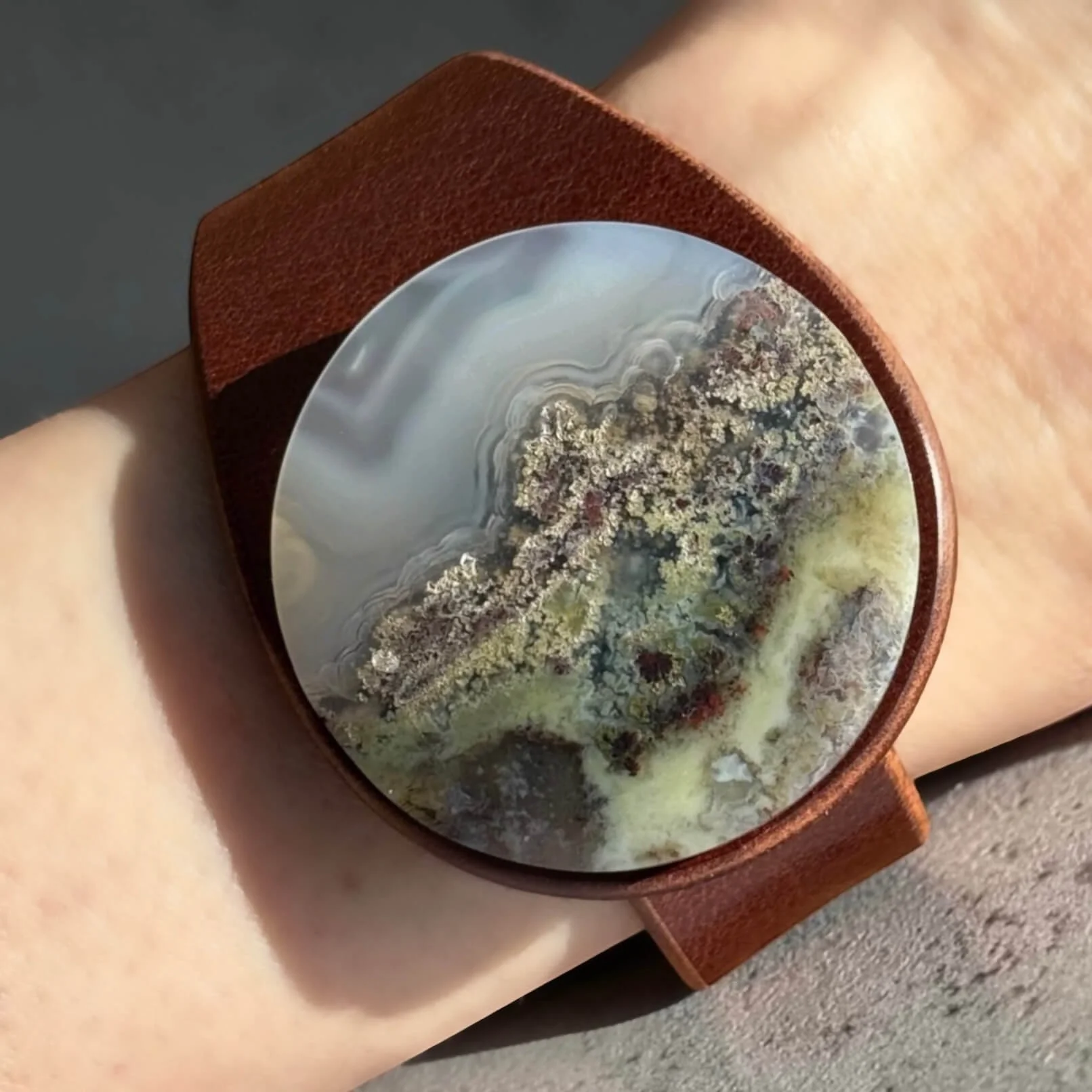 natural-scenic-moss-agate-brown-leather-bracelet-on-wrist.JPG