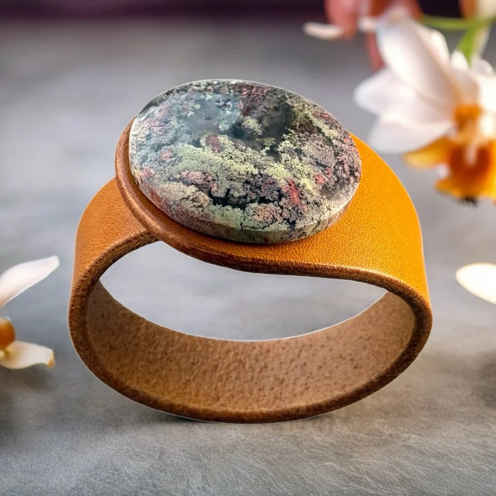 Natural Scenic Moss Agate Leather Bracelet
