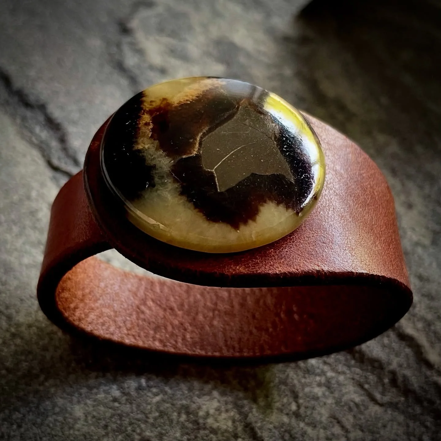 The Empowerer - our Yellow Septarian Collection. Confidence, self-expression and personal strength. 
.
.
.
.
.
.
.
.
.
.
.
.
.
#freaklikeme #leatherjewellery #handmadecuff #armcandy #uniquebracelet #shophandmade #oneofakindjewellery #cuffs #leathercu