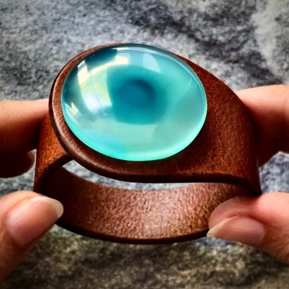 The Peacemaker- our Blue Paraiba Chalcedony Collection. Serenity, Emotional Balance and Gentle Communication.  Brings gentle calming energy, emotional support and enhances self-expression. 
.
.
.
.
.
.
.
.
.
.
.

#leatherjewellery #handmadecuff #armb