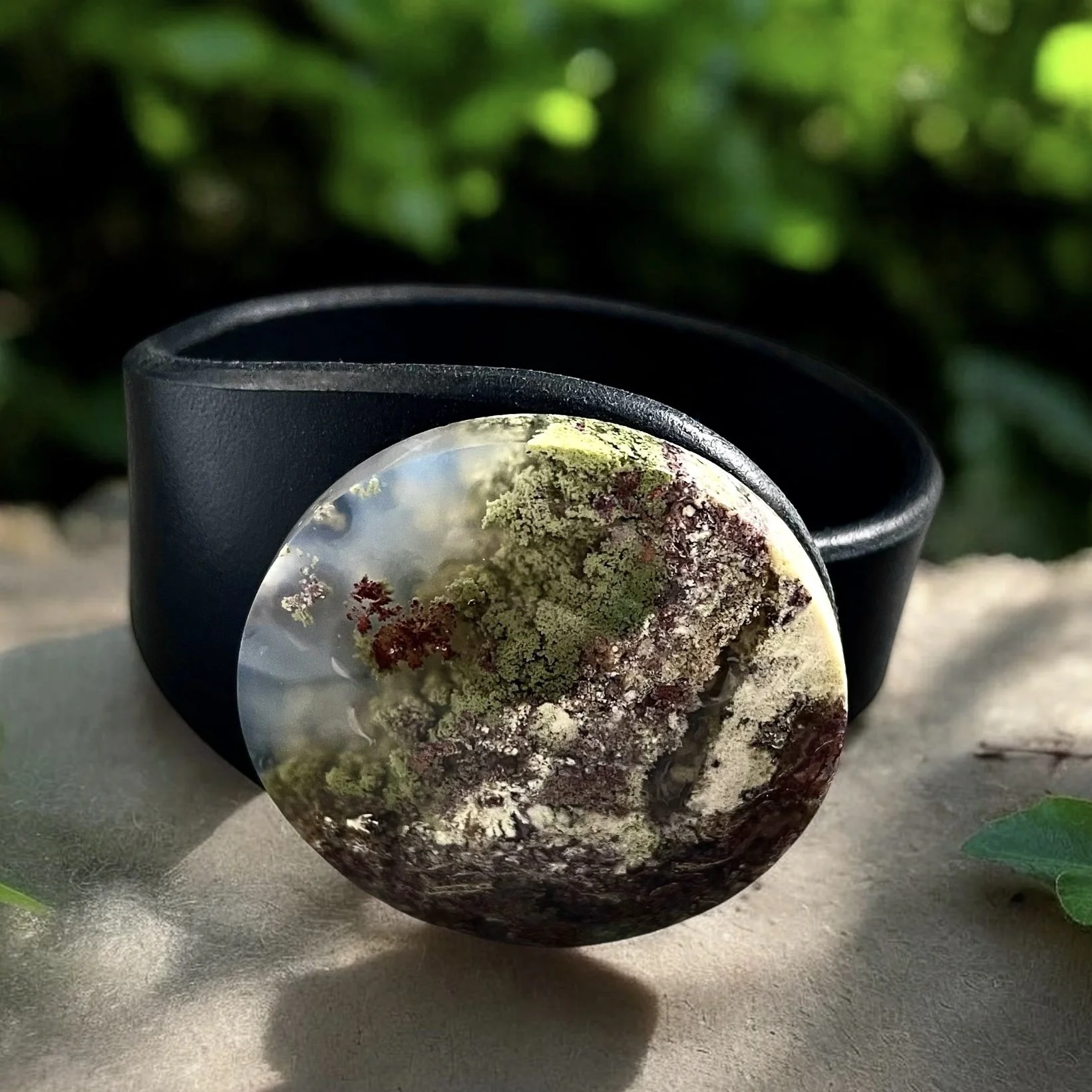 Scenic moss agate gemstone and leather bracelet