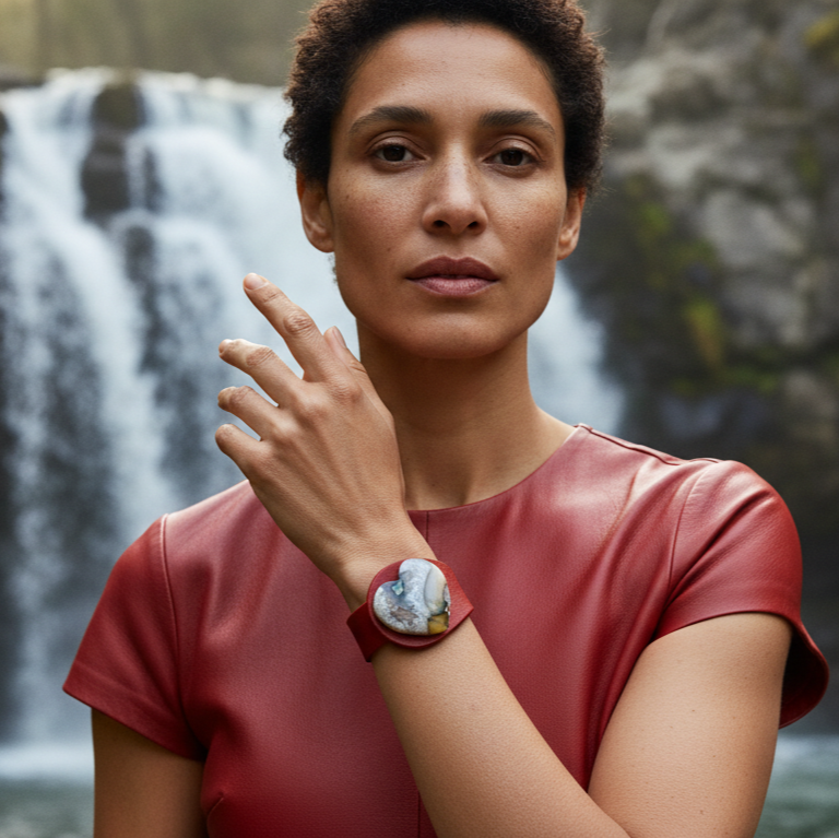 Natural Heart-shaped Montana Agate Druzy Leather Bracelet