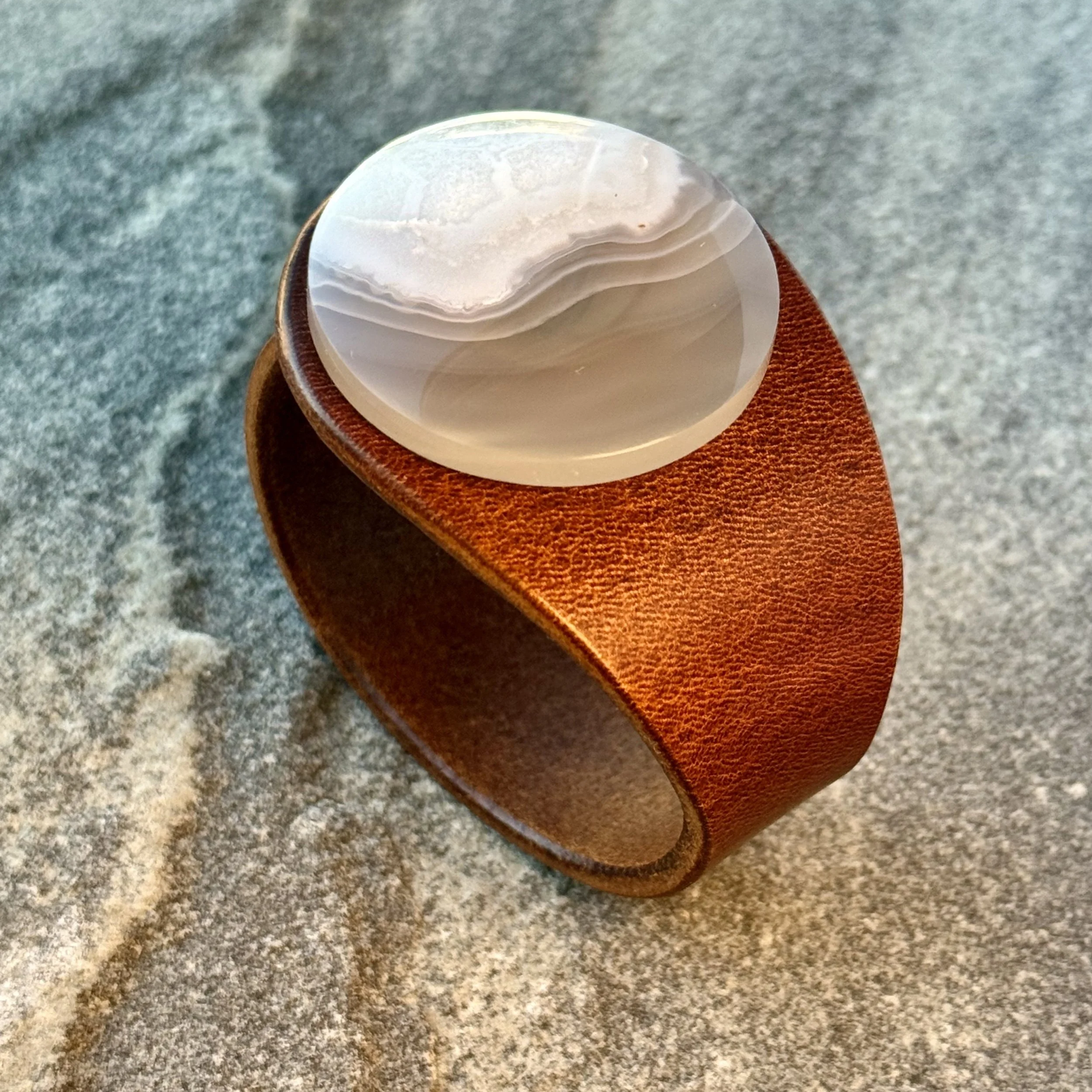 Natural White Chalcedony Leather Bracelet