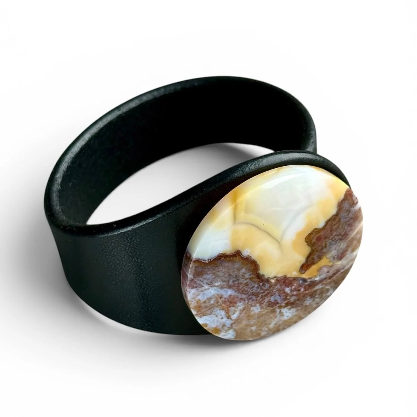 moss-agate-in-jasper-gemstone-black-leather-bracelet-on-side.jpg