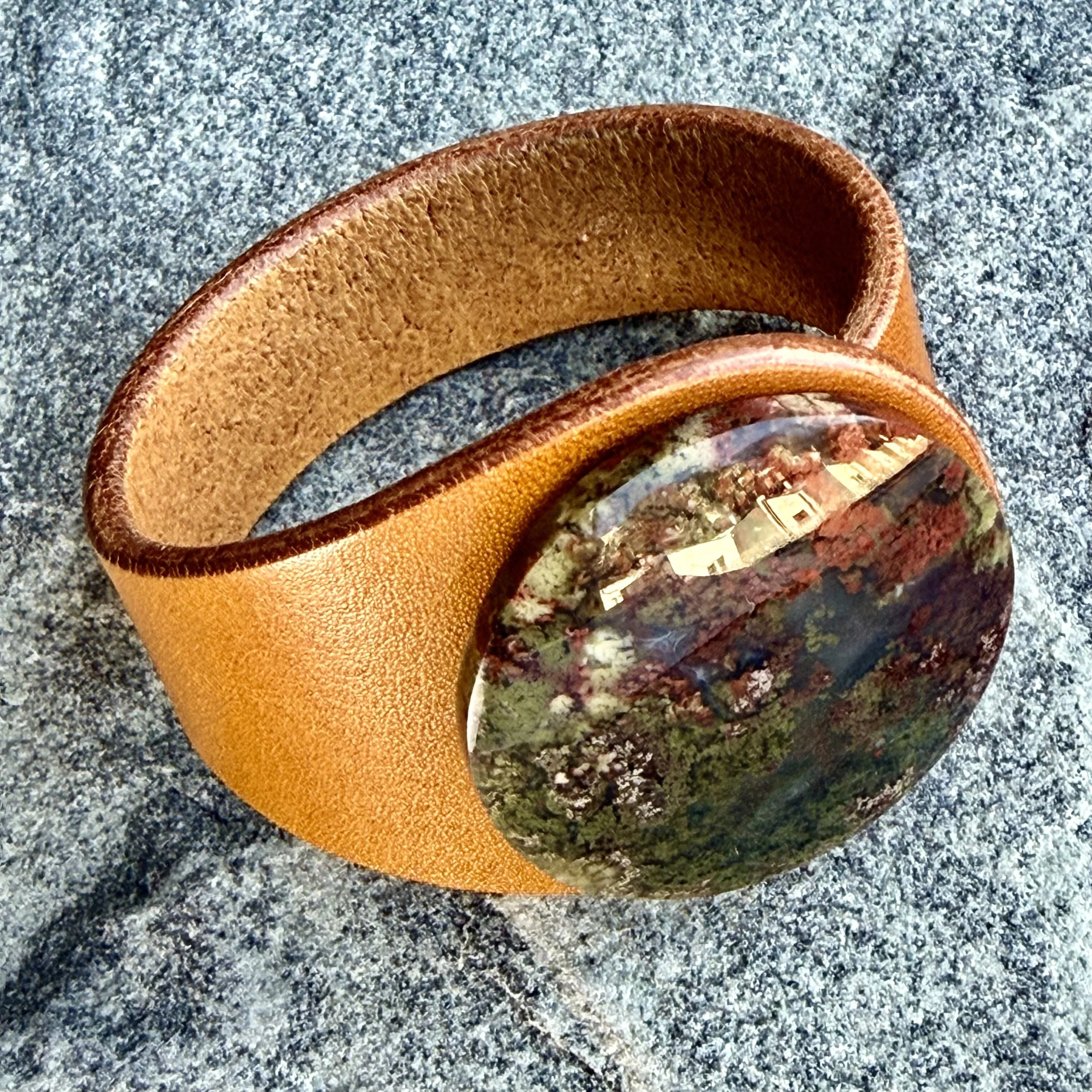Natural Scenic Moss Agate Leather Bracelet