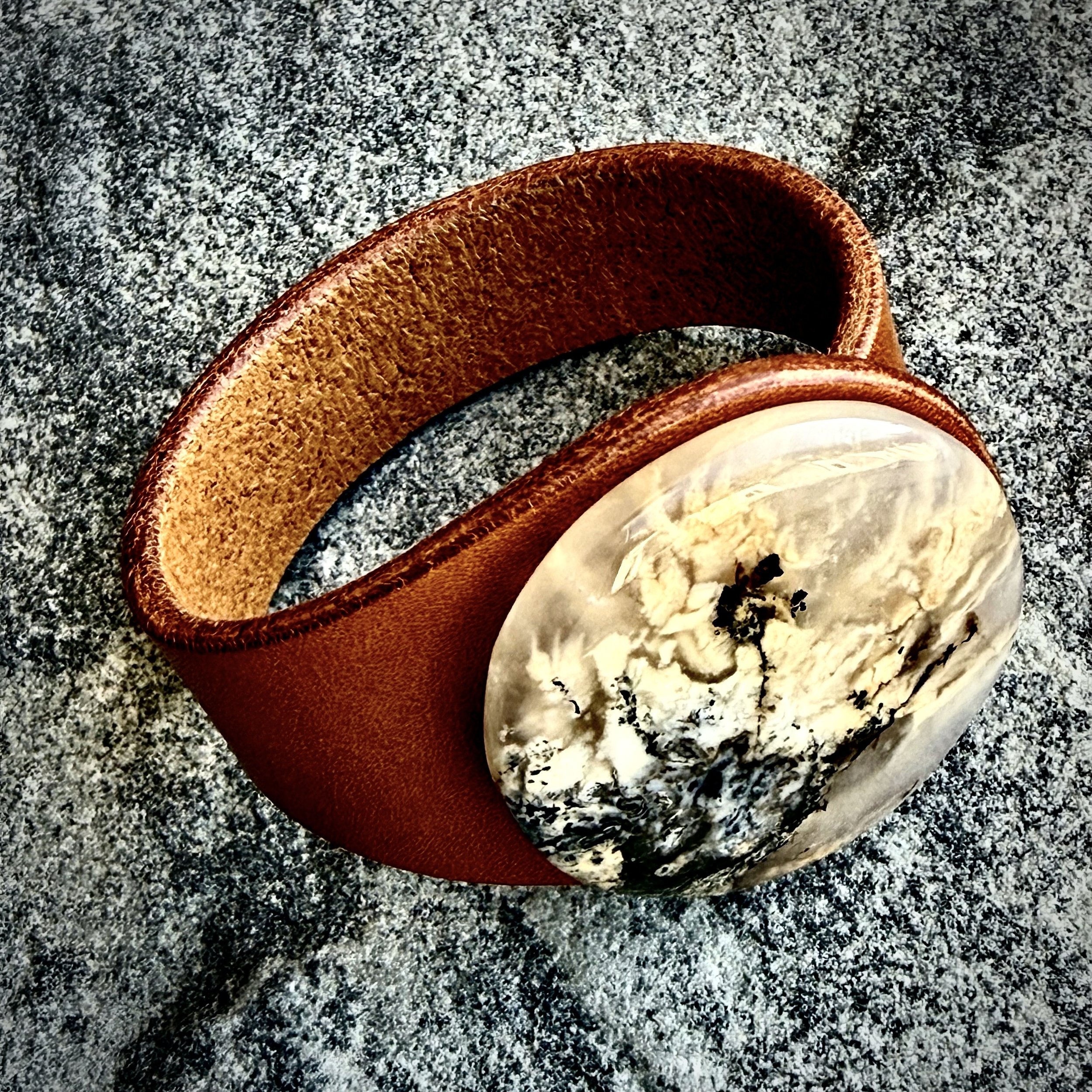 Natural Tiger Dendritic Agate Gemstone & Leather Cuff
