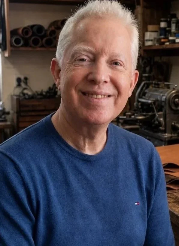 Man in blue jumper in a leather workshop