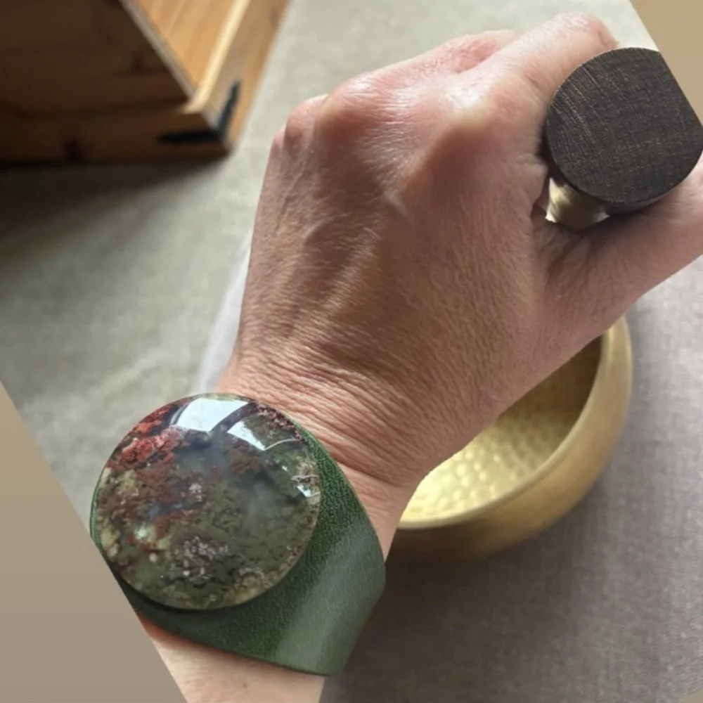 Scenic moss agate gemstone and leather cuff