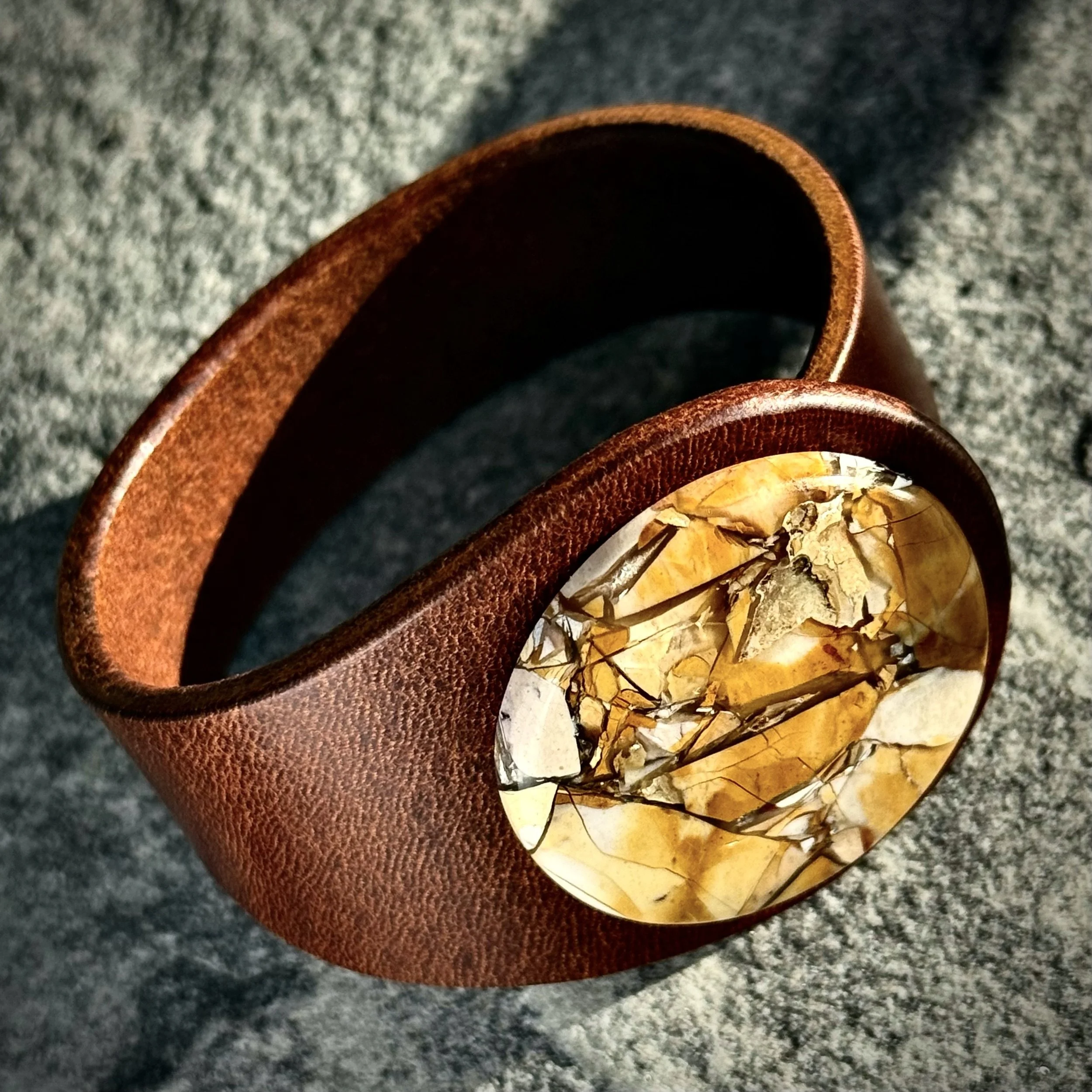 Natural Brecciated Mookaite Jasper Gemstone & Leather Cuff