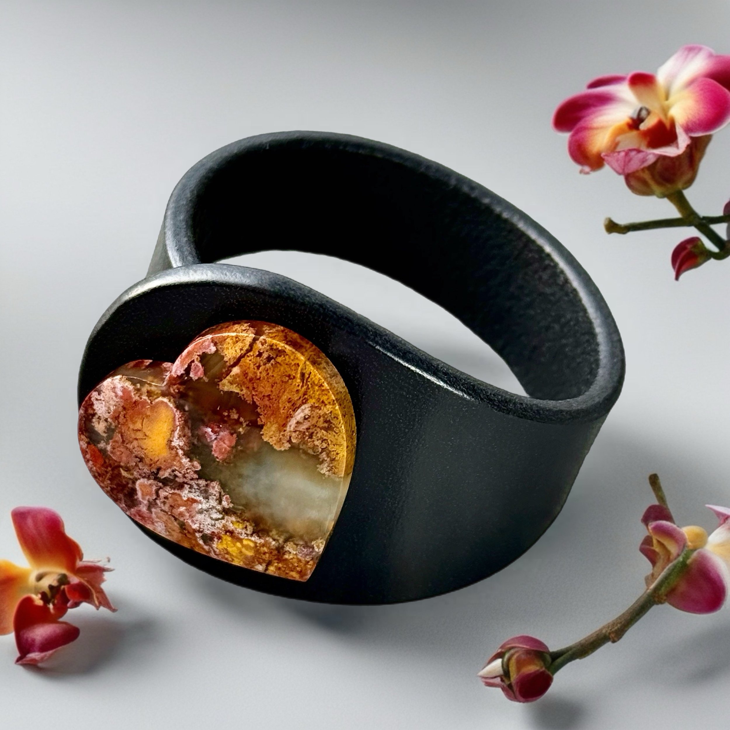 Natural Moss Agate Heart Gemstone Leather Bracelet;.JPEG