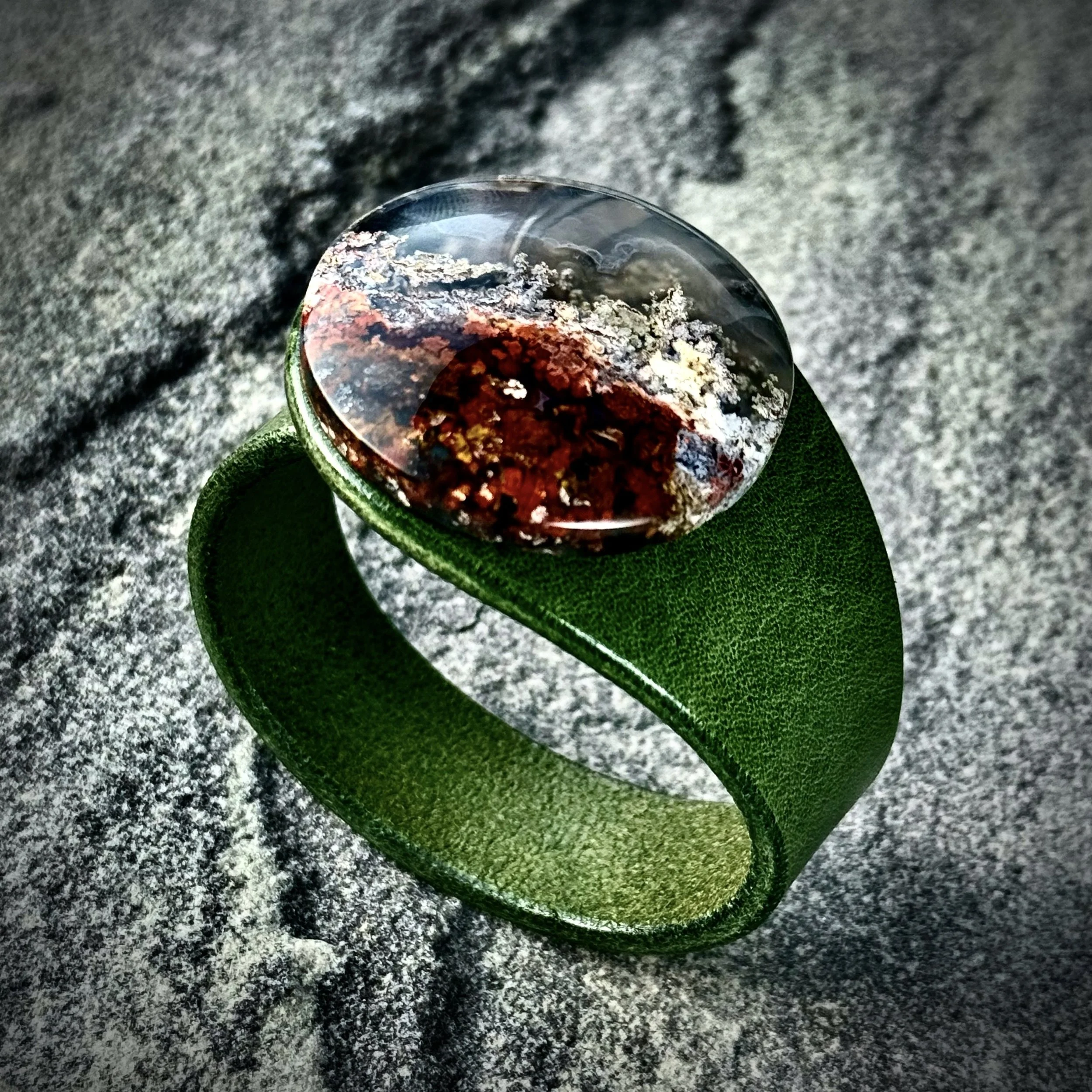 A Natural Scenic Moss Agate Gemstone & Leather Bracelet