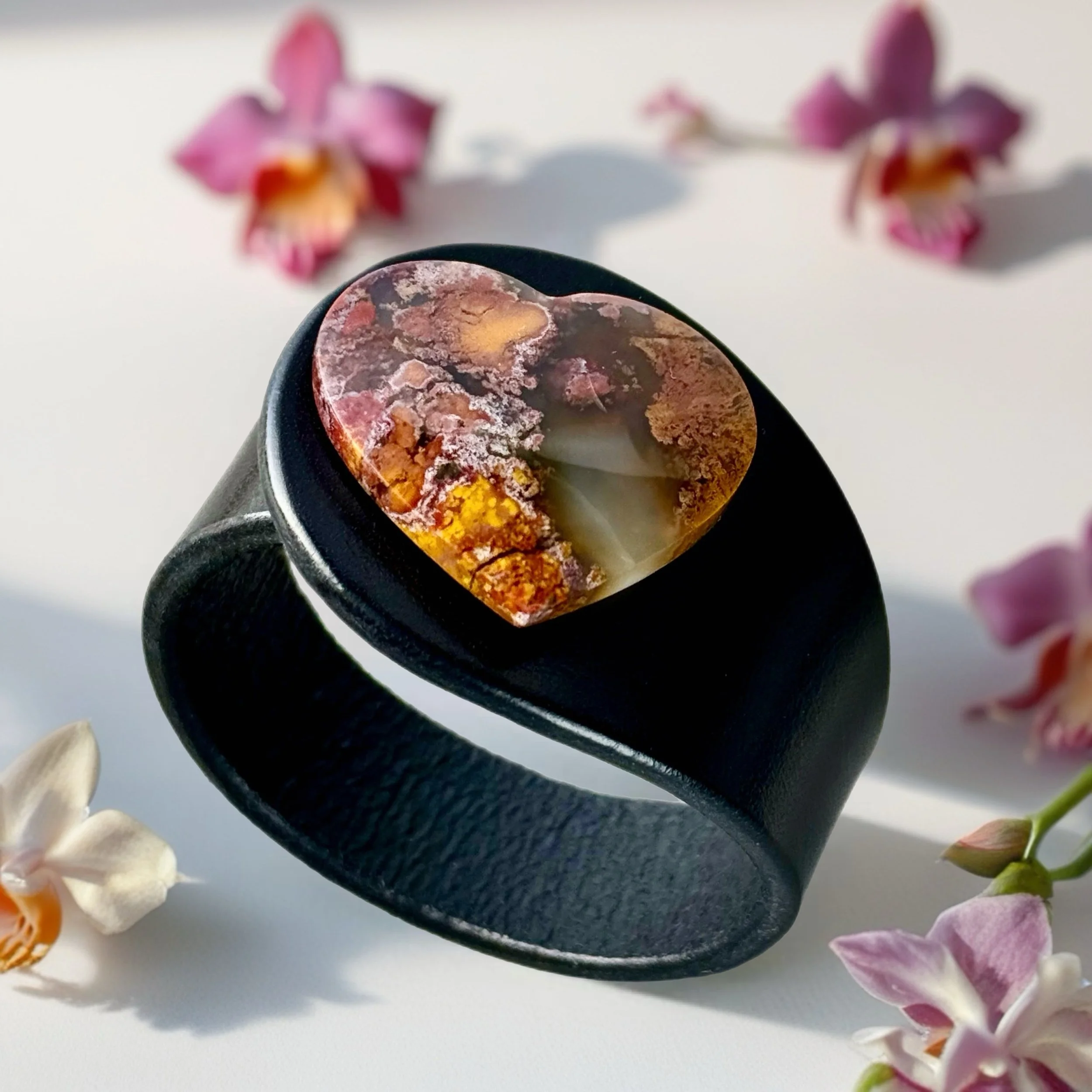 Natural Moss Agate Heart Gemstone Leather Bracelet,.JPEG