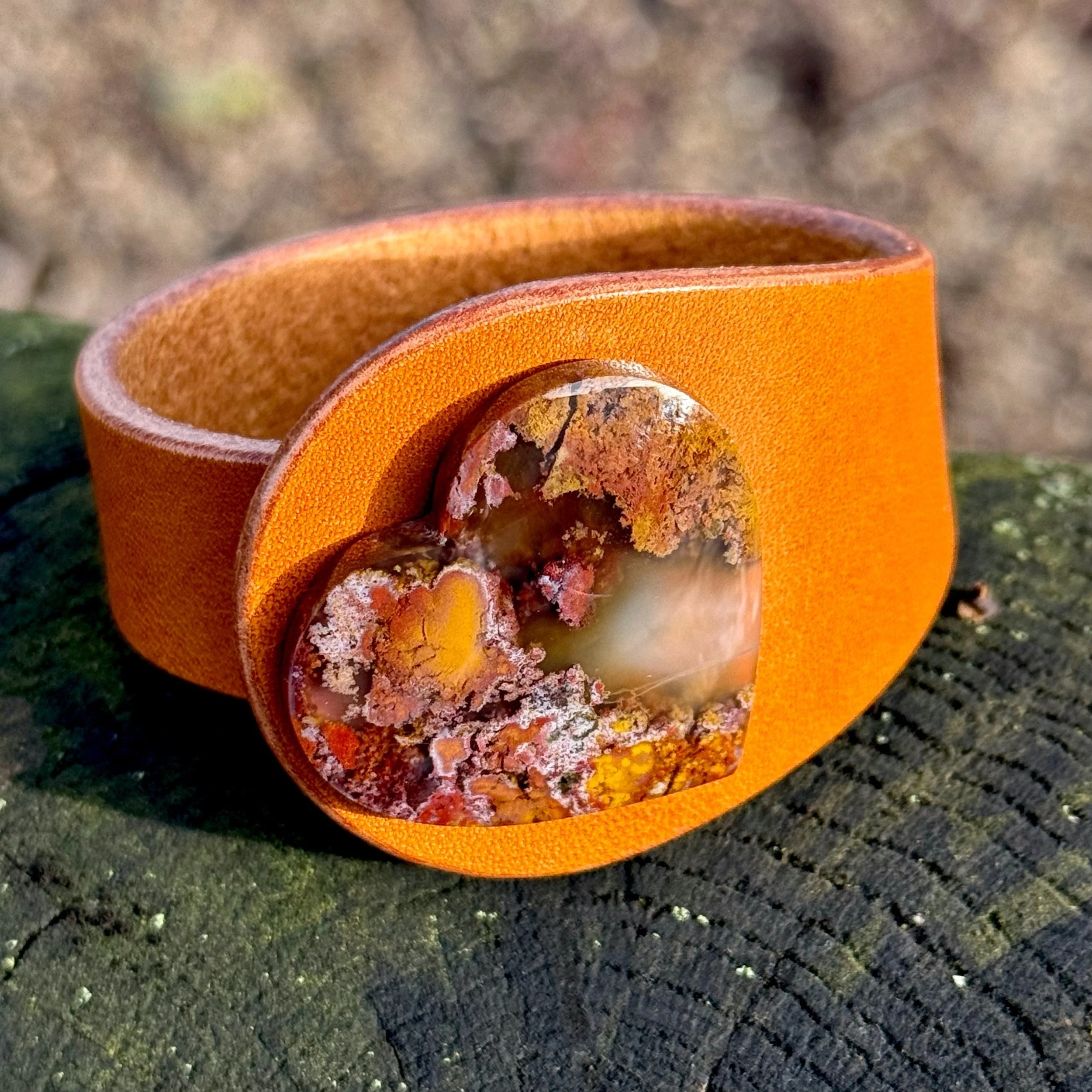 Natural Moss Agate Heart Gemstone Leather Bracelet....JPG