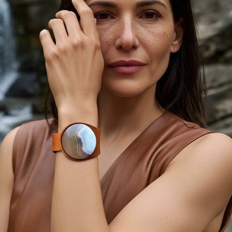 Natural White Chalcedony Leather Bracelet