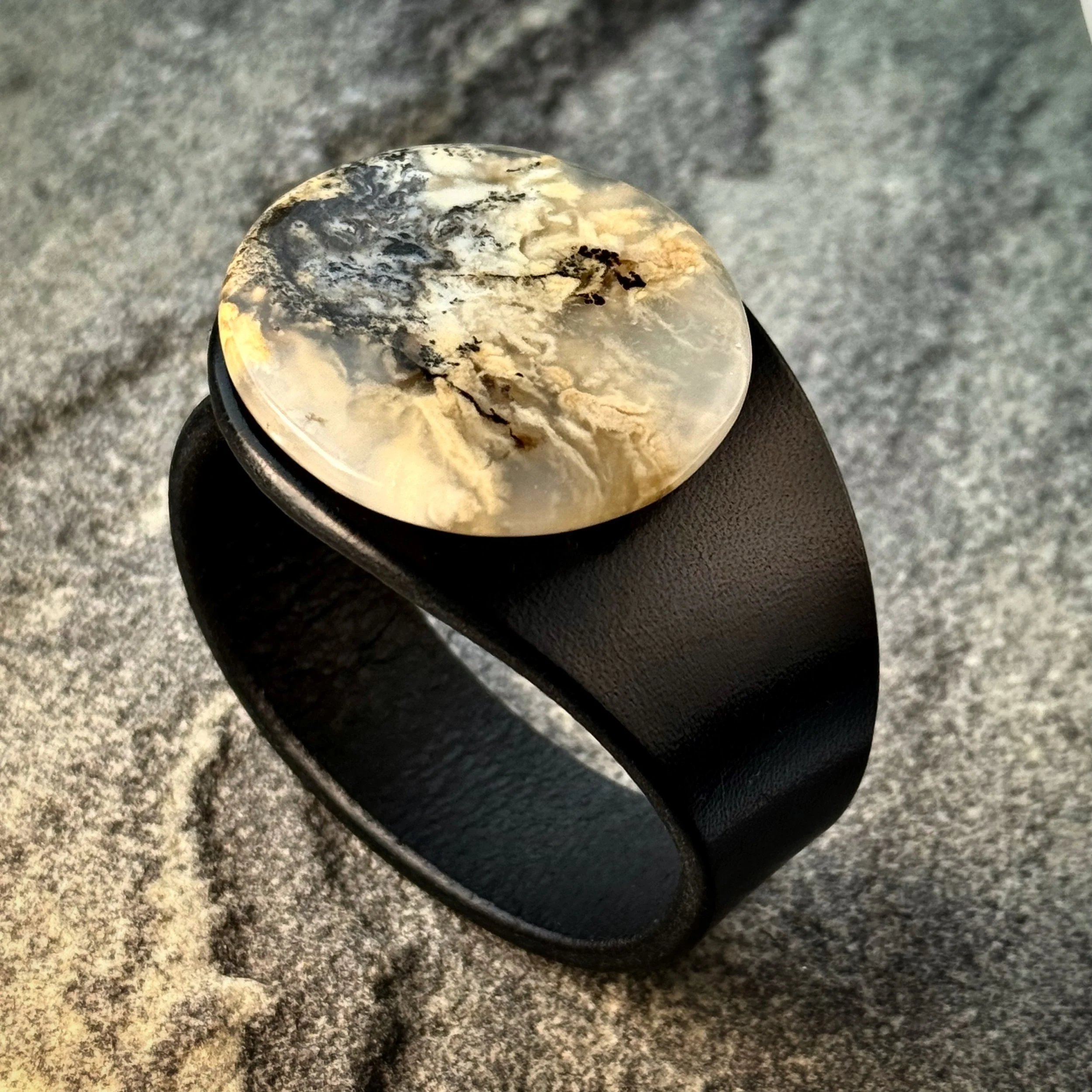 Natural Tiger Dendritic Agate Gemstone & Leather Cuff