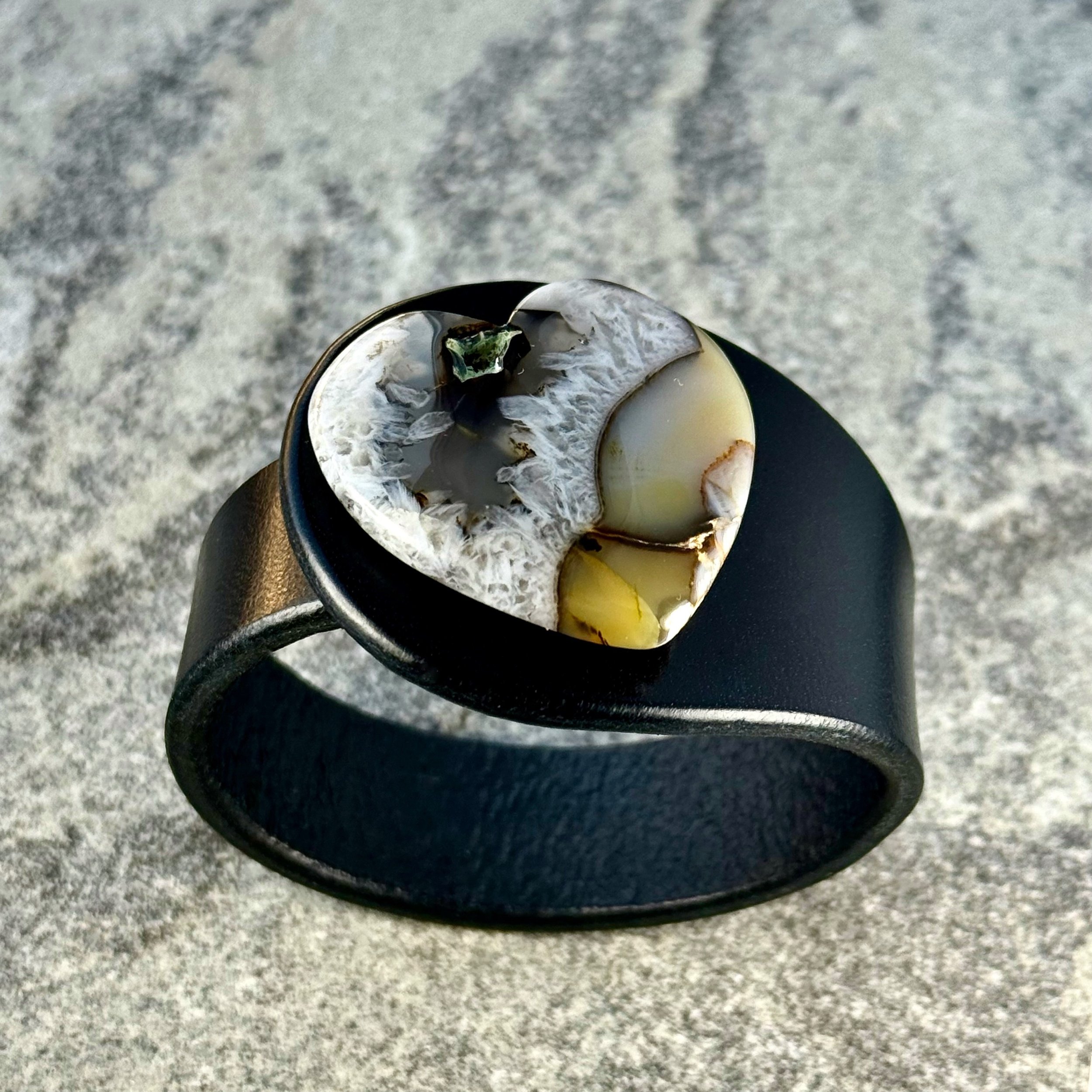 Black leather wide cuff boho minimalist design with Montana Agate Druzy.jpg