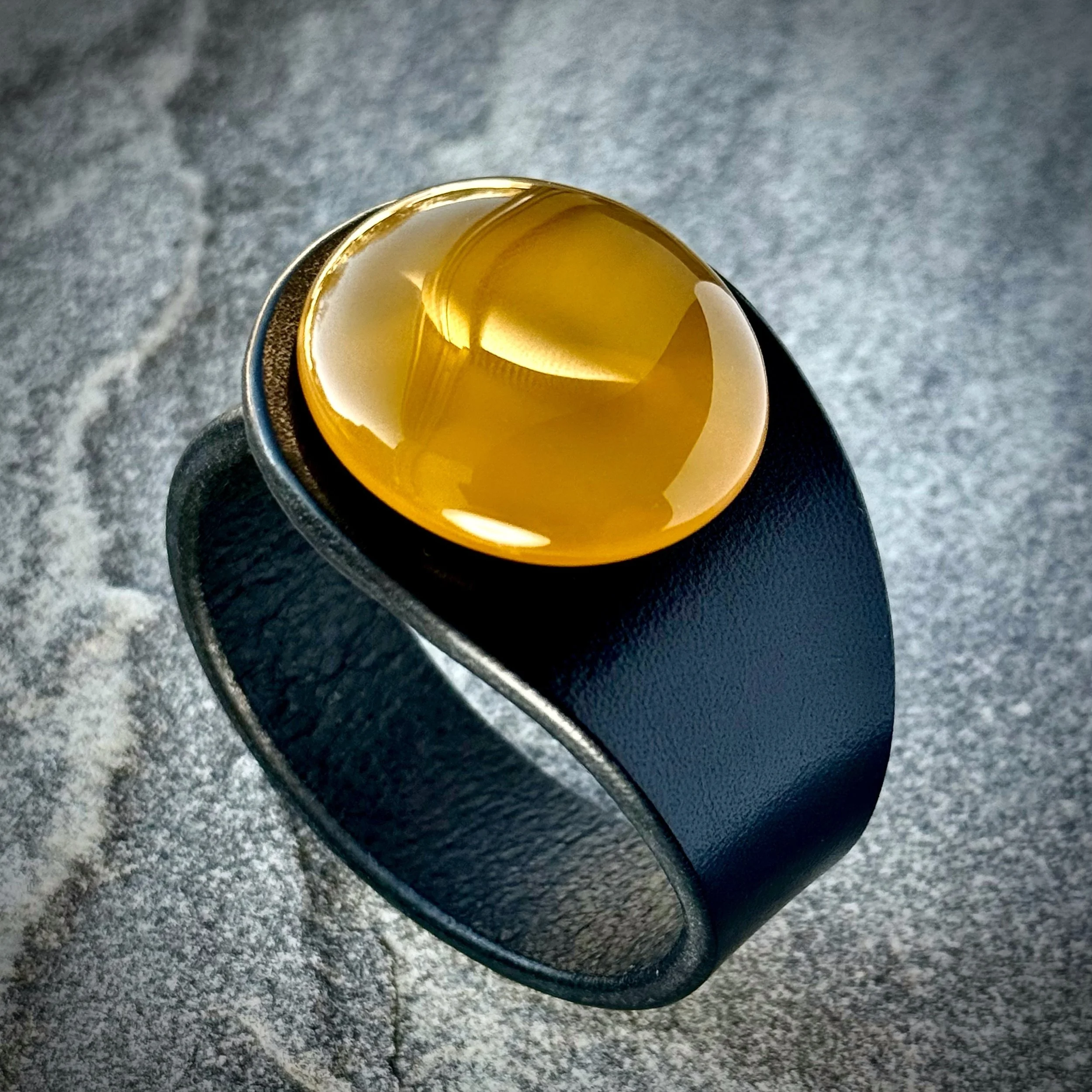 Natural Orange Carnelian Gemstone & Leather Cuff