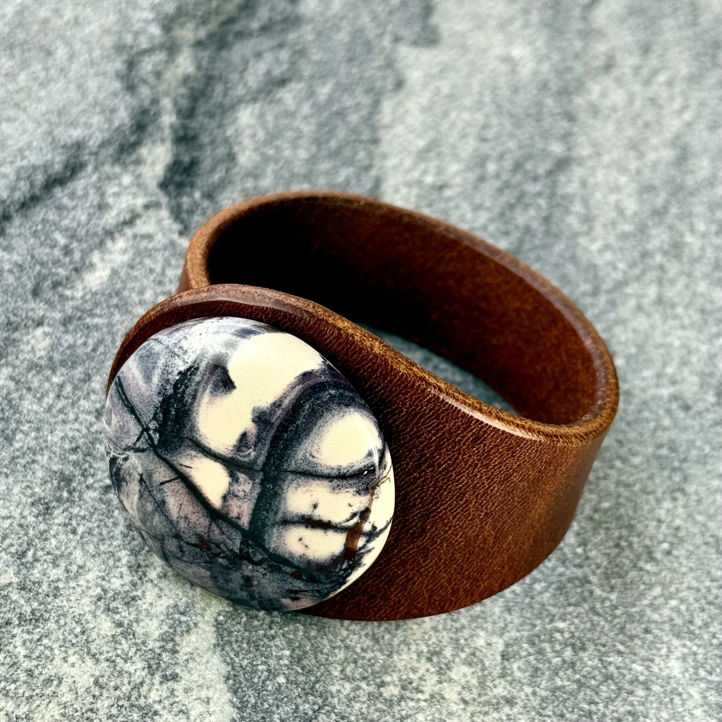 Natural Porcelain Jasper Gemstone Leather Cuff