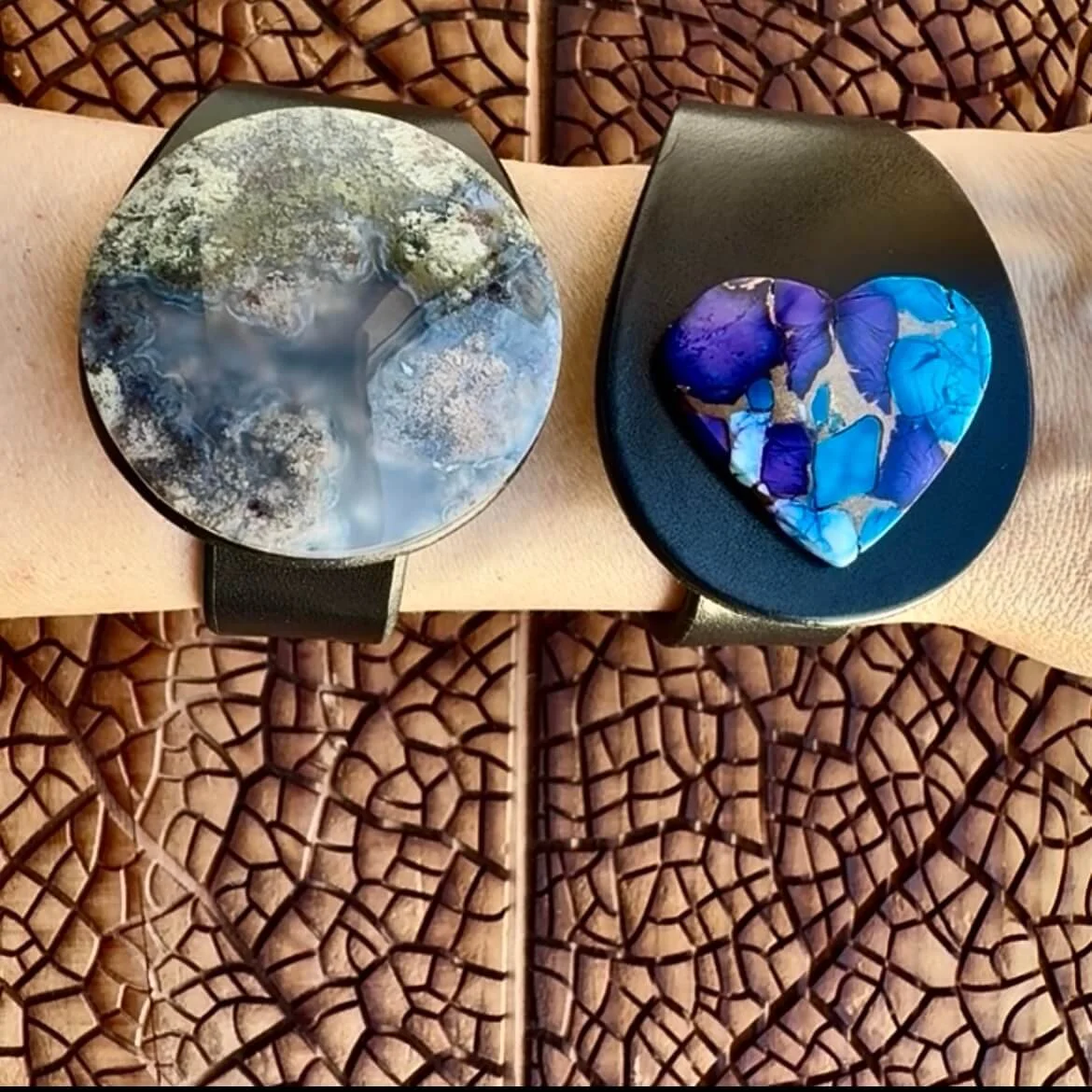 Two leather and gemstone cuffs
