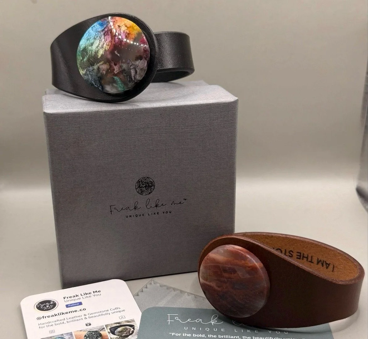 Leather and gemstone bracelets and box