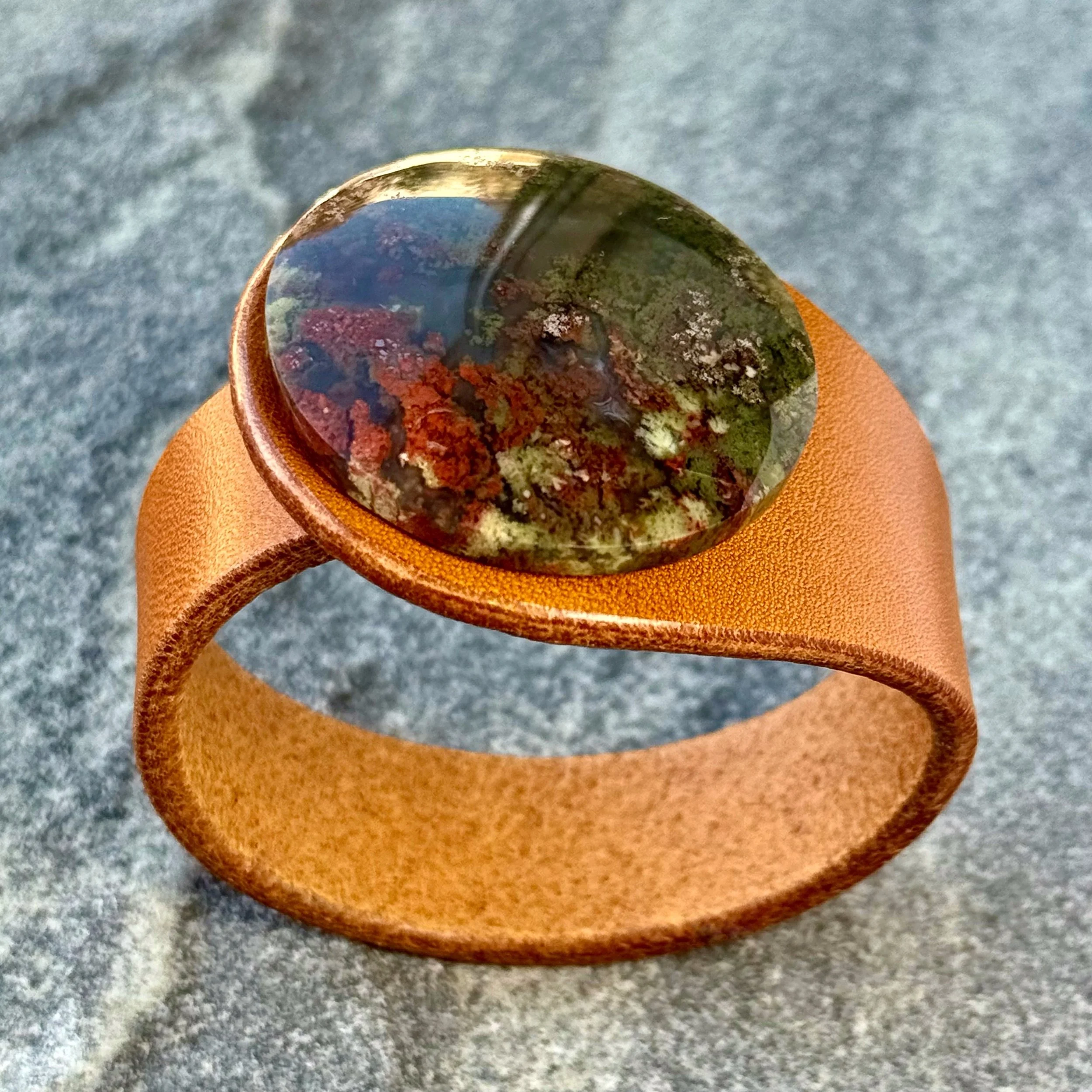 Natural Scenic Moss Agate Leather Bracelet