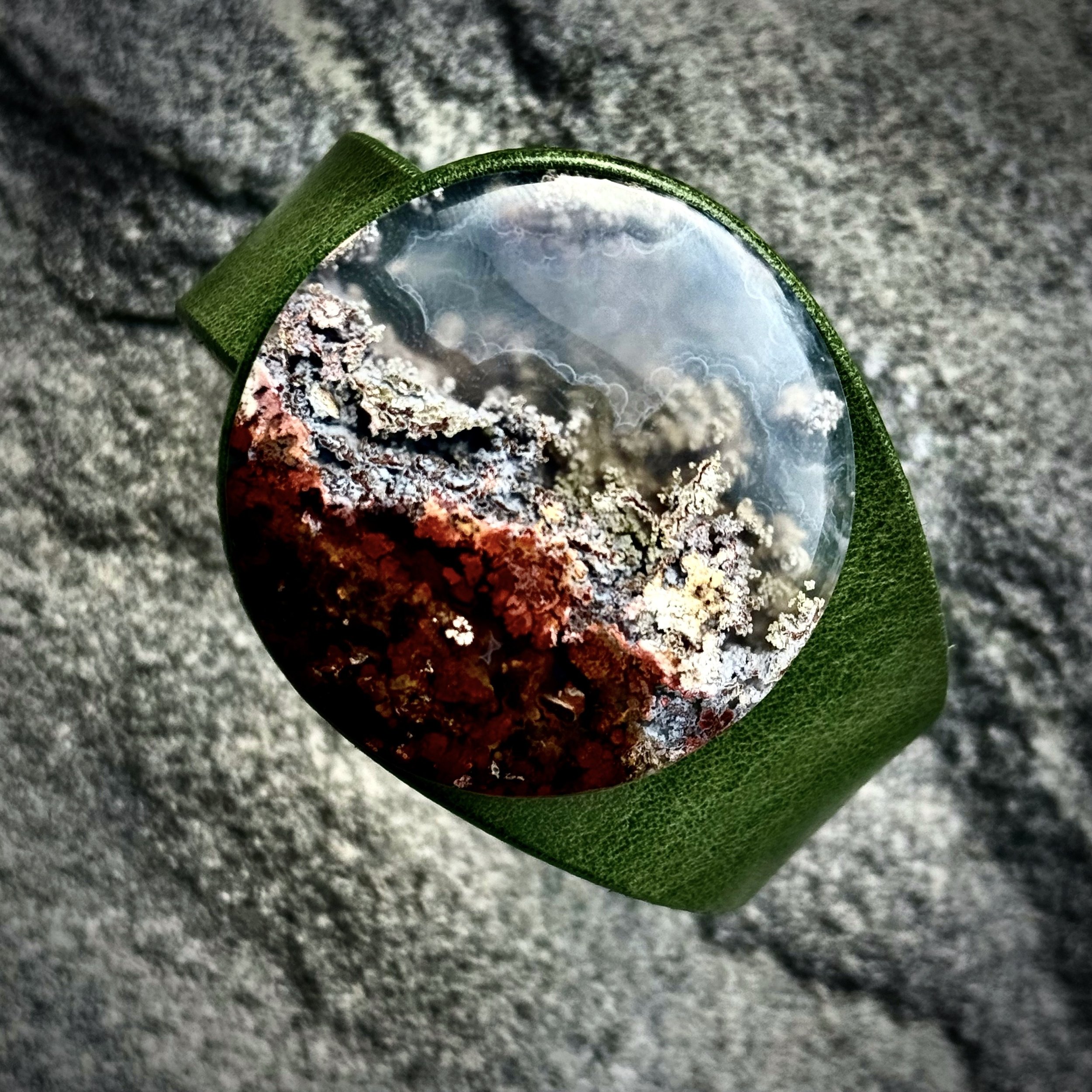 A Natural Scenic Moss Agate Gemstone & Leather Bracelet