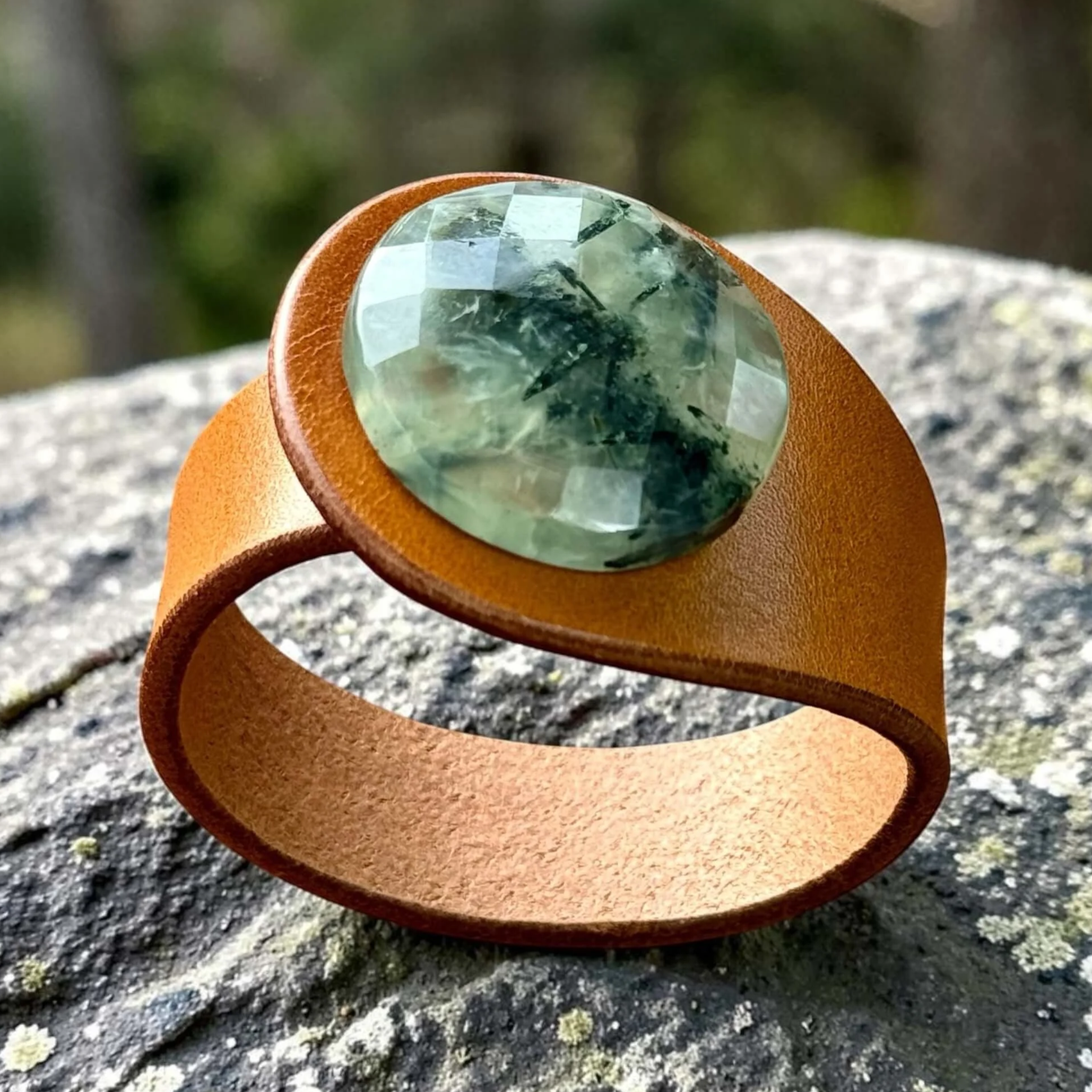 Natural Faceted Prehnite Leather Bracelet