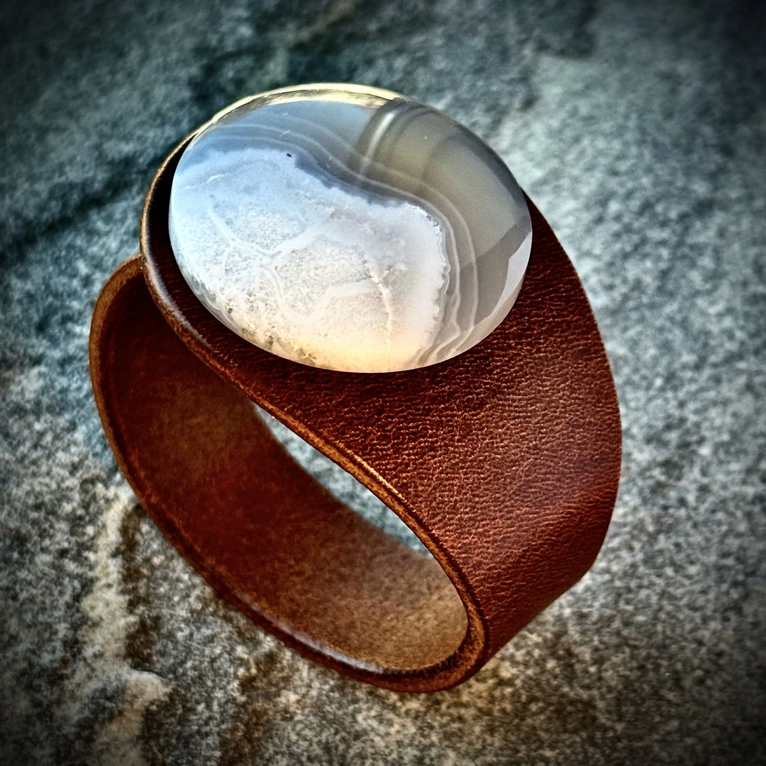 A Natural White Chalcedony Gemstone & Leather Cuff