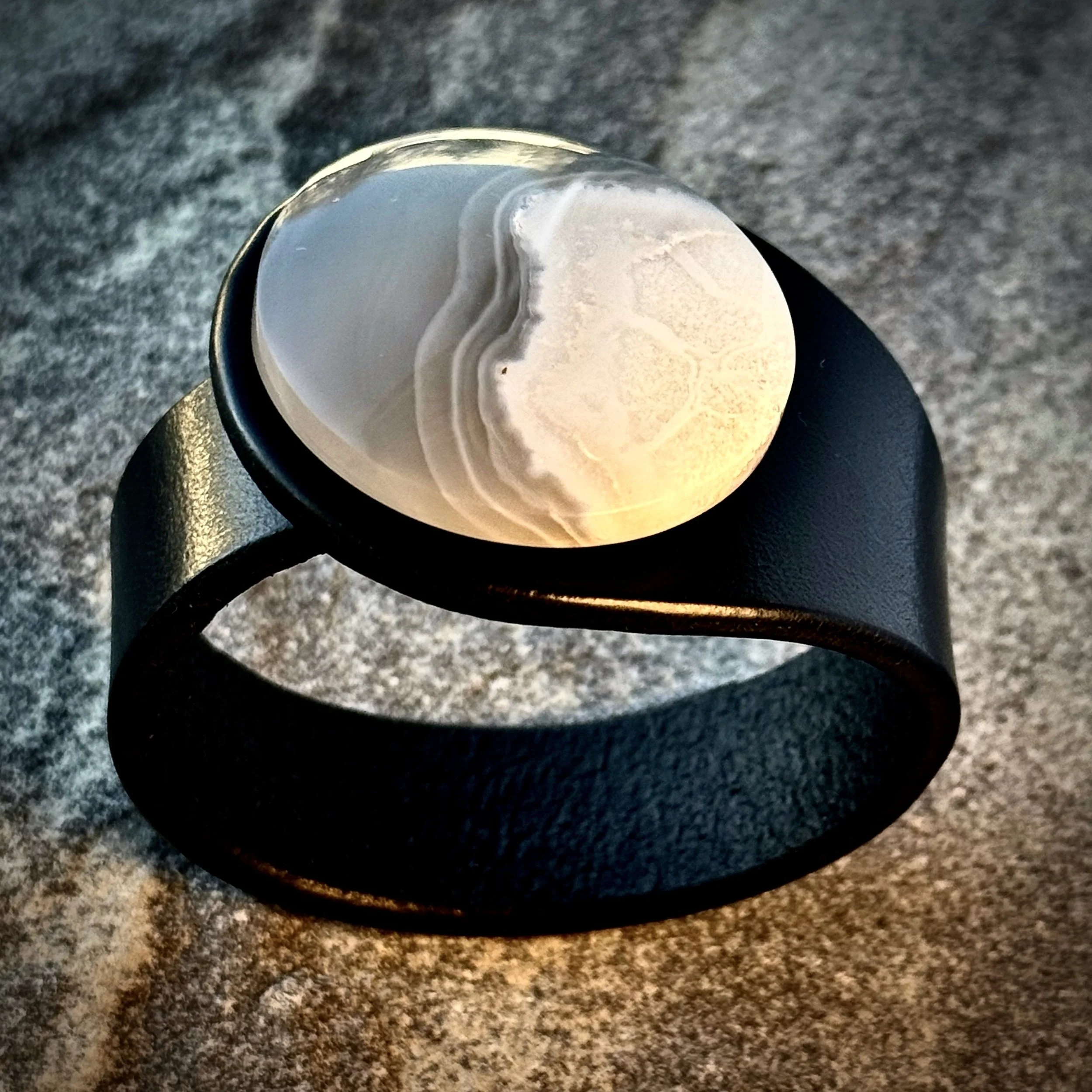 A Natural White Chalcedony Gemstone & Leather Cuff