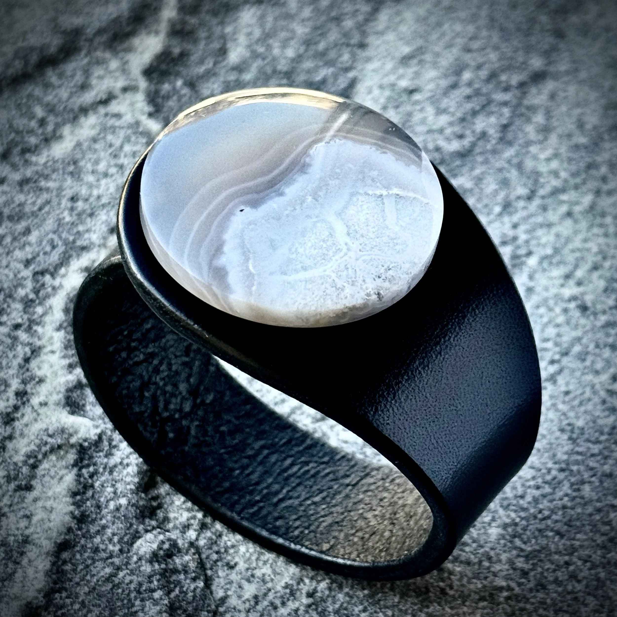 A Natural White Chalcedony Gemstone & Leather Cuff