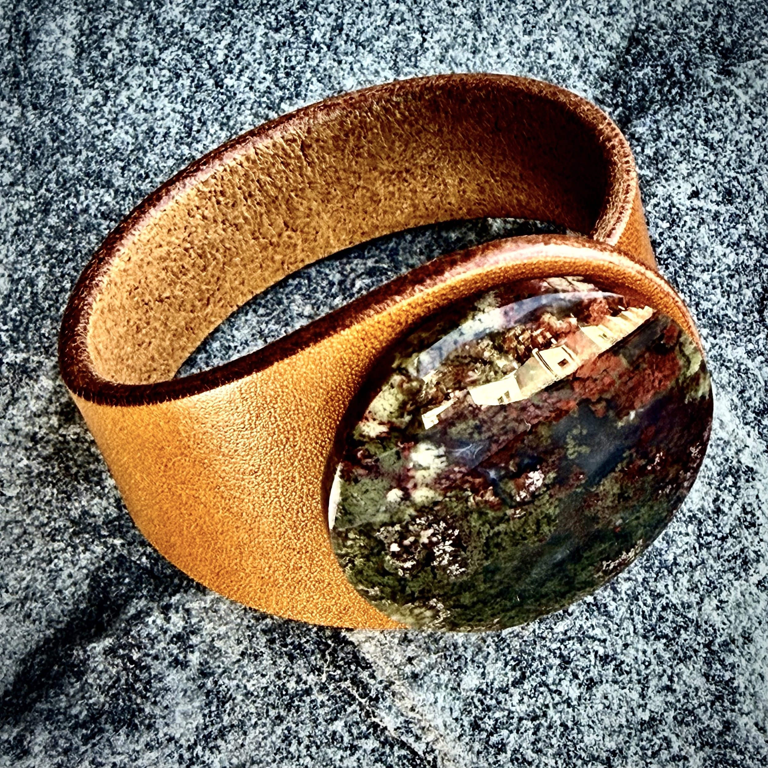 Natural Scenic Moss Agate Gemstone & Leather Cuff