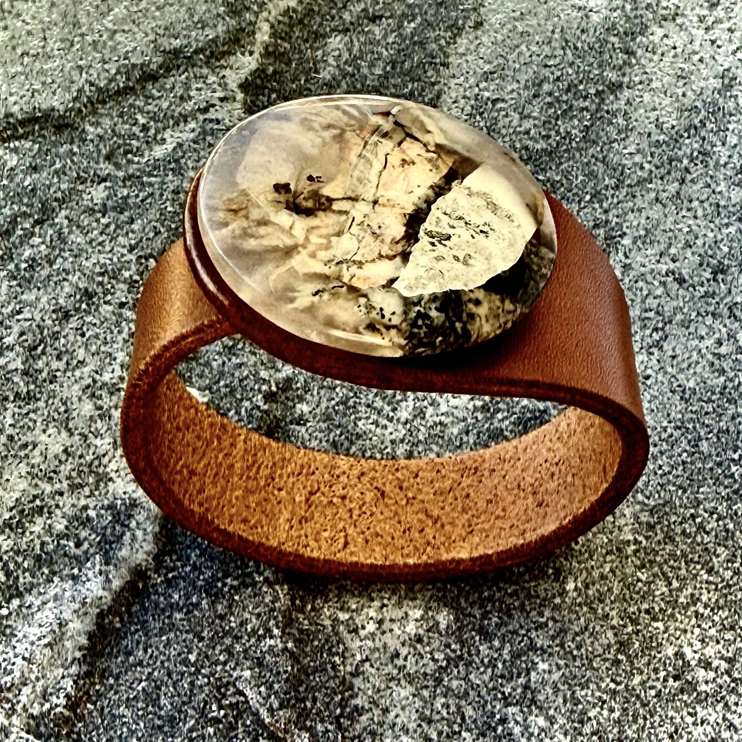 Natural Tiger Dendritic Agate Gemstone & Leather Cuff