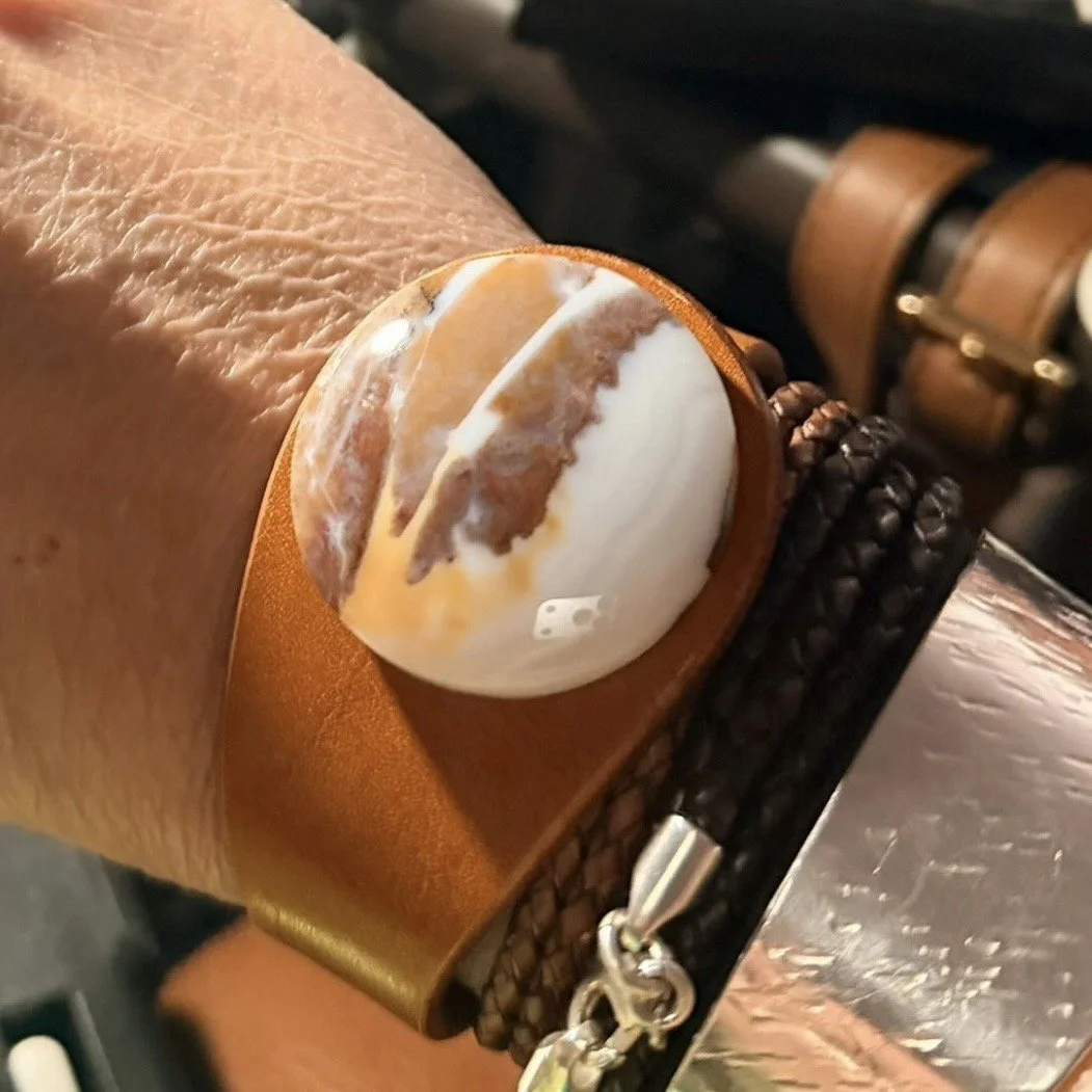 Moss agate in jasper gemstone and leather bracelet