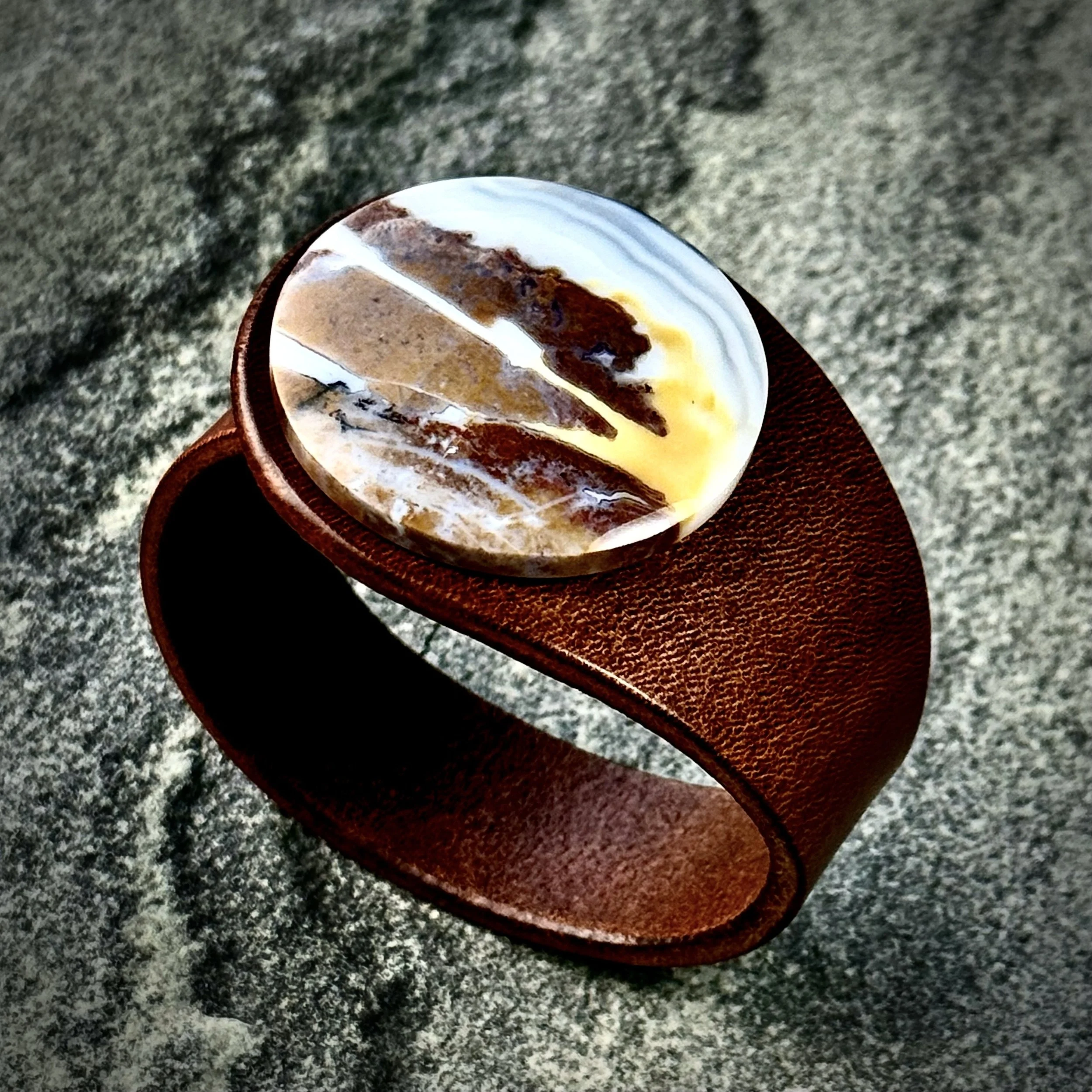 A Natural Moss Agate in Jasper Gemstone & Leather Cuff