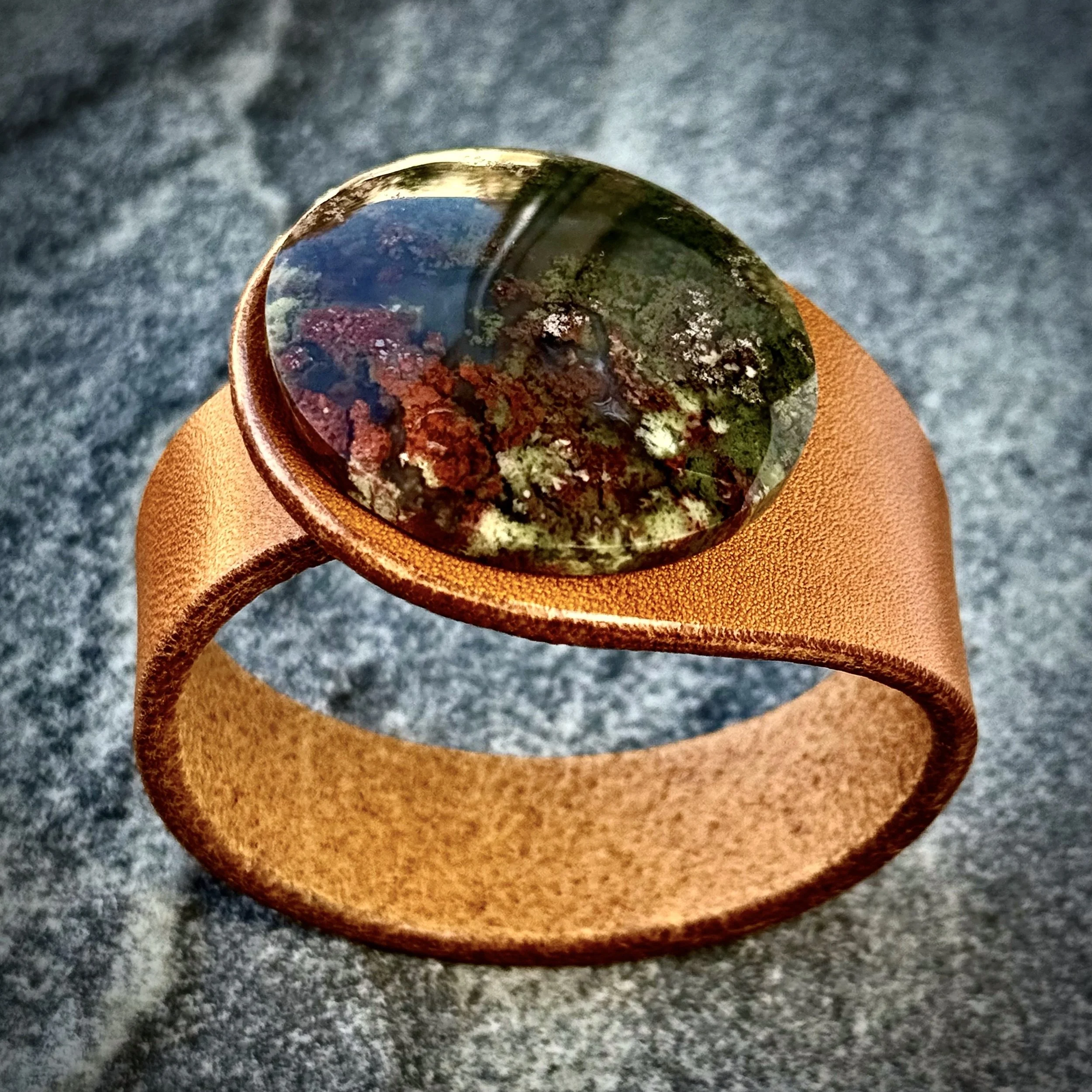 Natural Scenic Moss Agate Gemstone & Leather Cuff