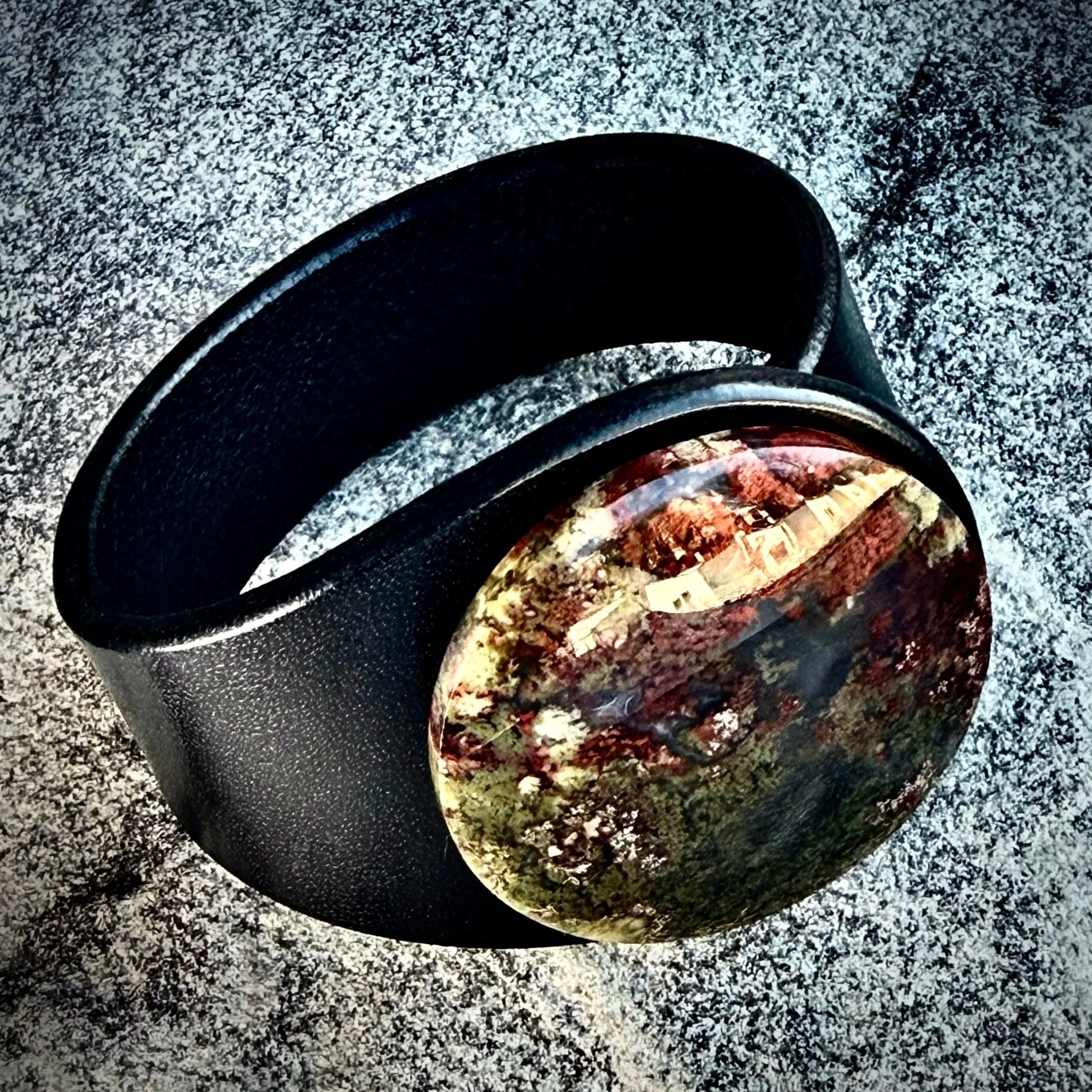 Natural Scenic Moss Agate Gemstone & Leather Cuff