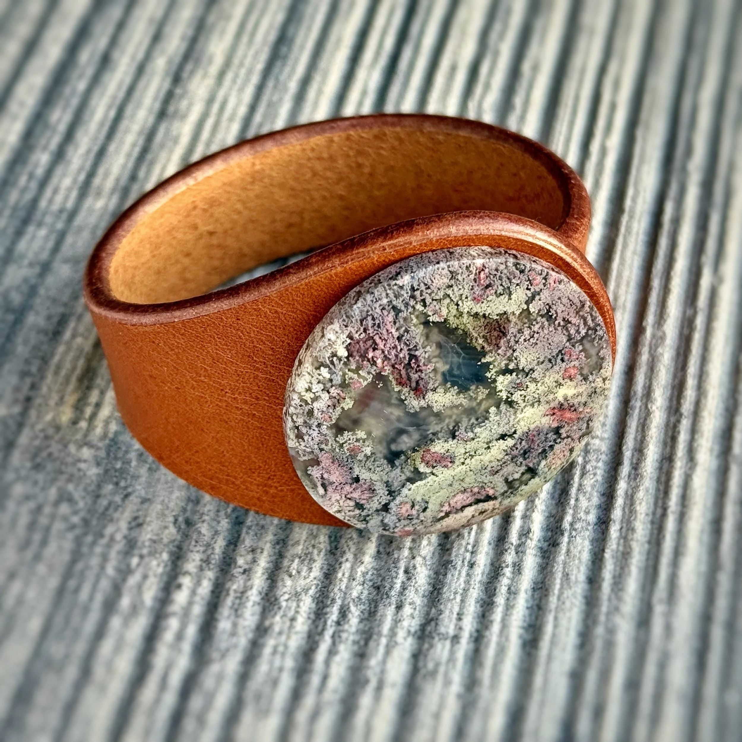 Scenic Moss Agate Leather Bracelet on its side.jpg