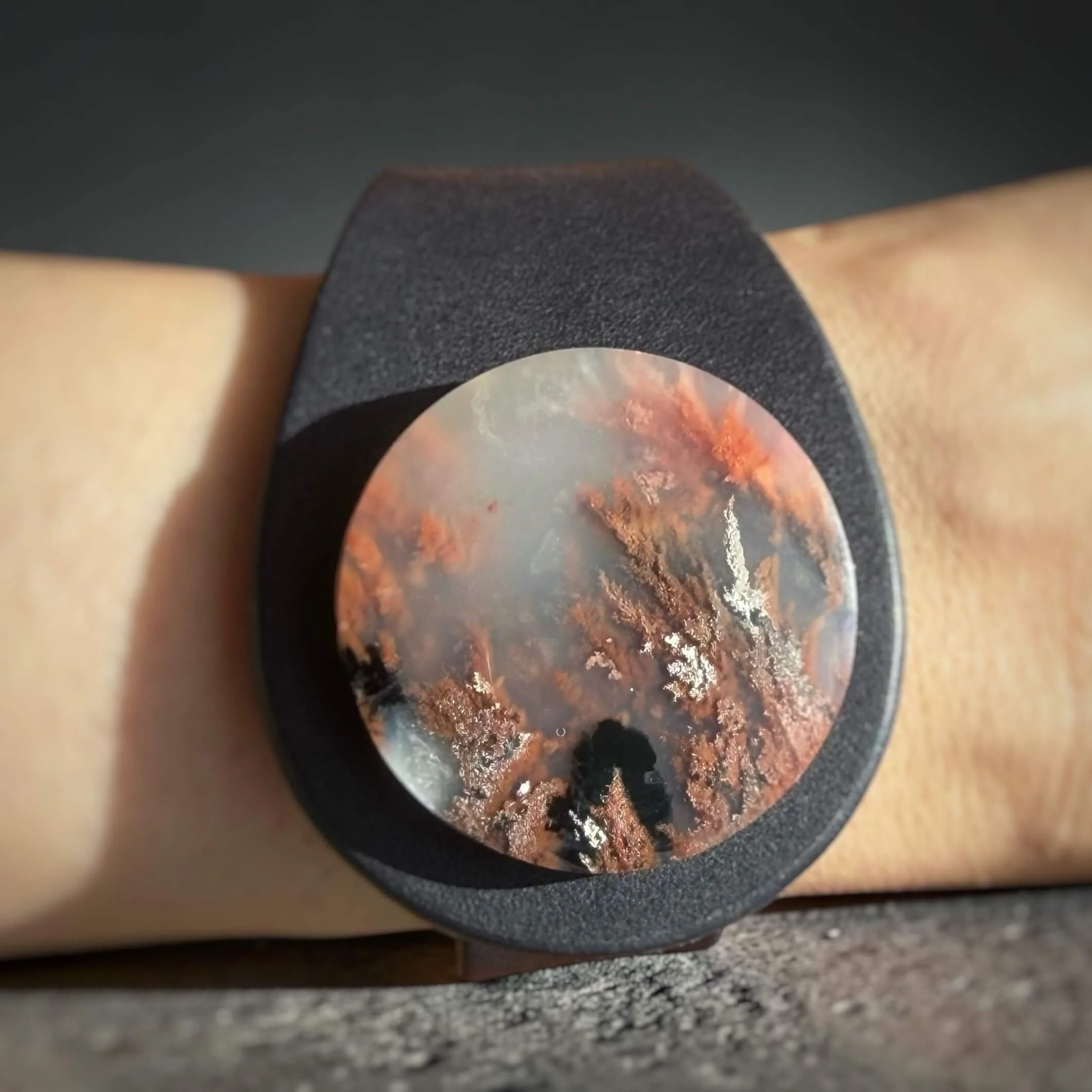 natural-plume-agate-blue-leather-bracelet-on-wrist.jpg