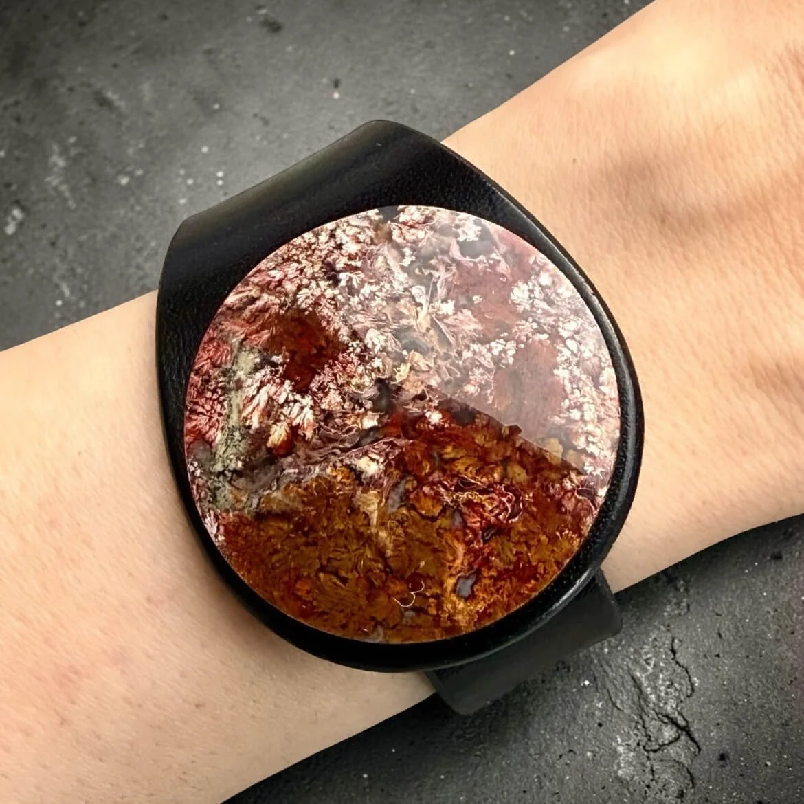 natural-moss-agate-black-leather-bracelet-on-wrist-by-freak-like-me.JPG