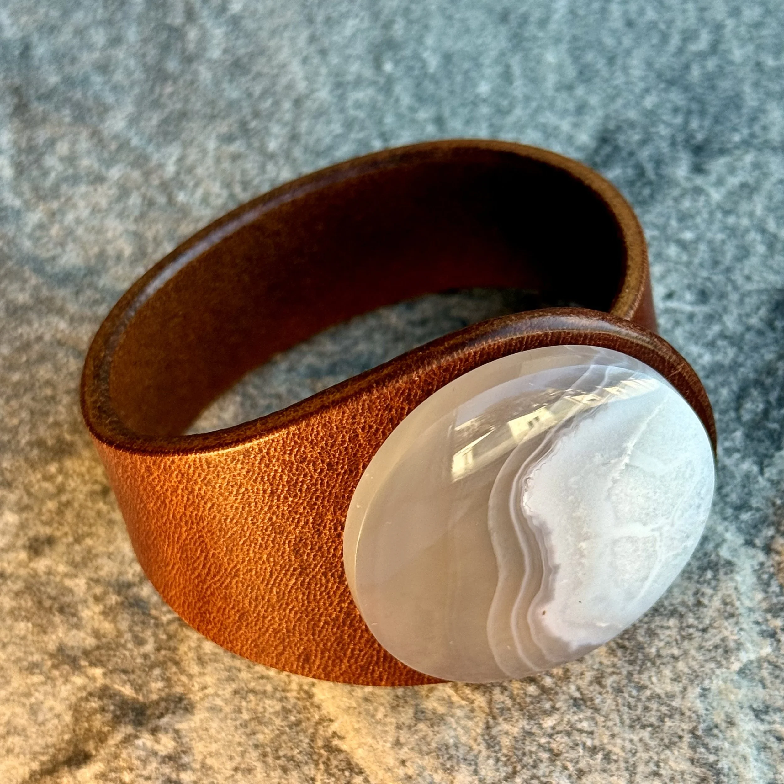 Natural White Chalcedony Leather Bracelet