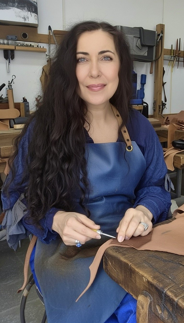 A woman with long, curly dark hair and light skin, wearing a blue apron, working on leather at a workshop table.